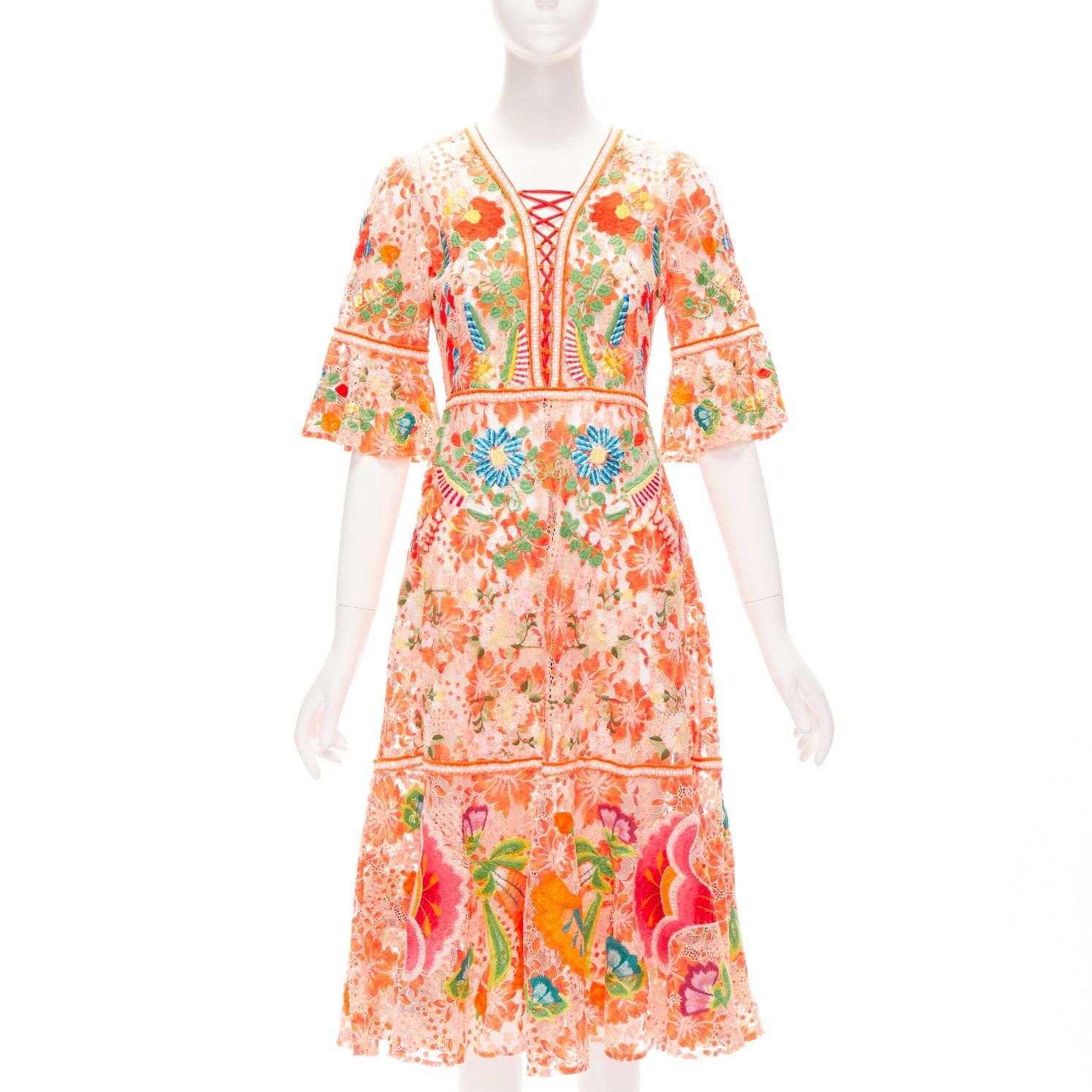 image of Vivienne Tam Orange Floral Cotton Lace Laced Up Midi Dress Us2 S, Women's (Size Small)