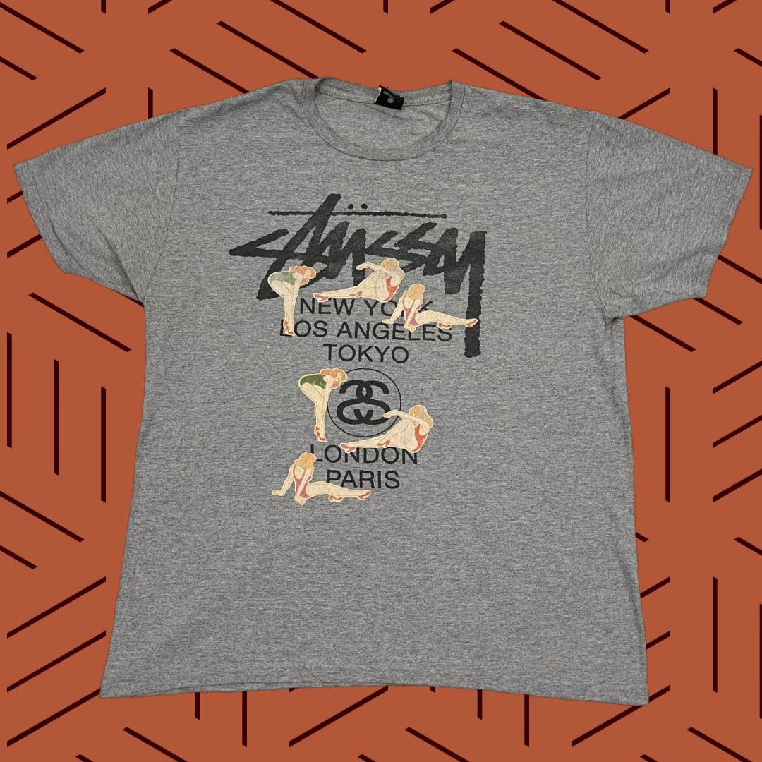 Vintage Stussy Shirt Mens L Gray World Tour Worldwide Pin Up Girls Graphic Streetwear T Shirt" Size US L / EU 52-54 / 3 - 1 Thumbnail
