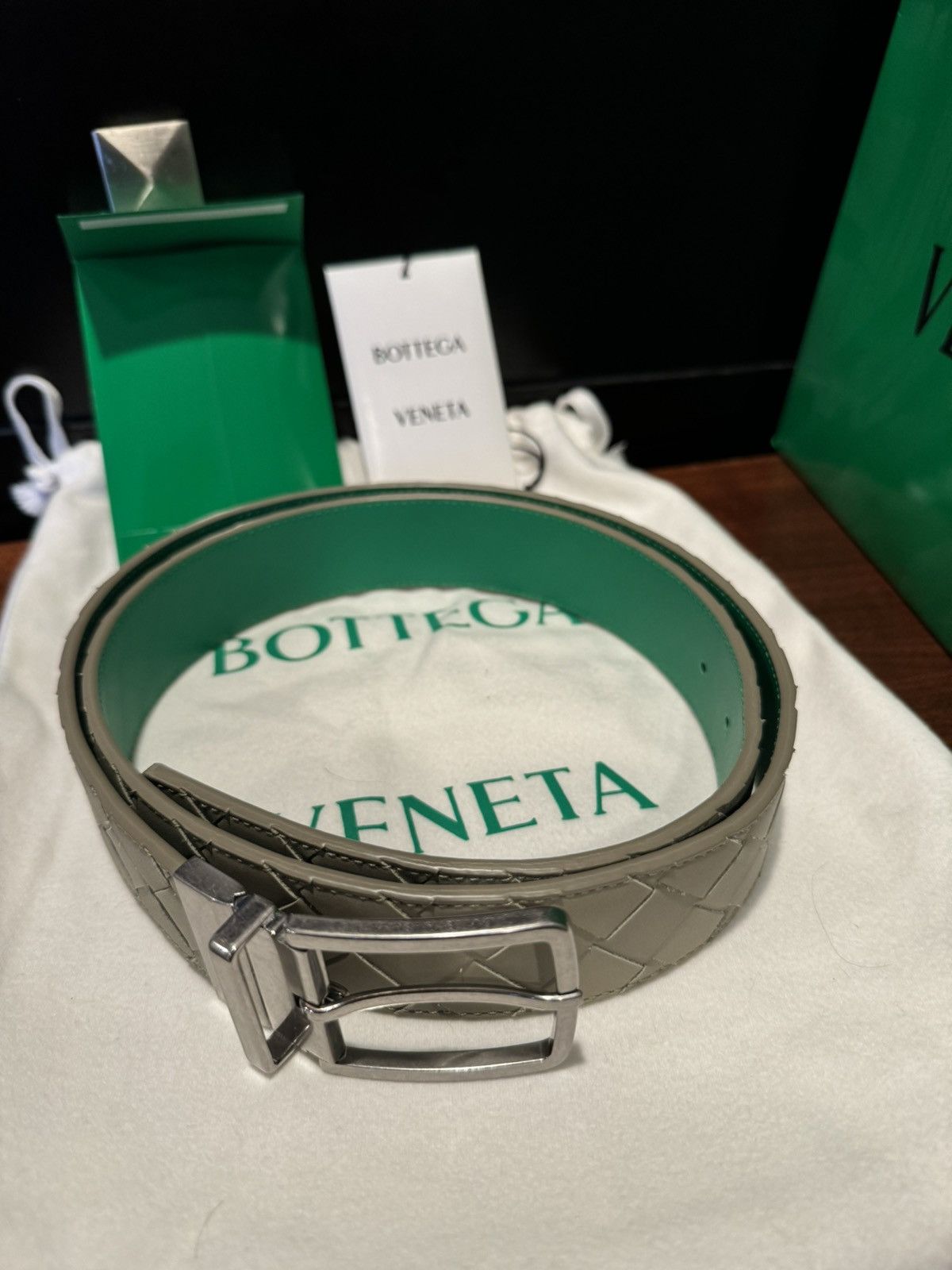 image of Bottega Veneta Intrecciato Reversible Belt in Green, Men's (Size 40)