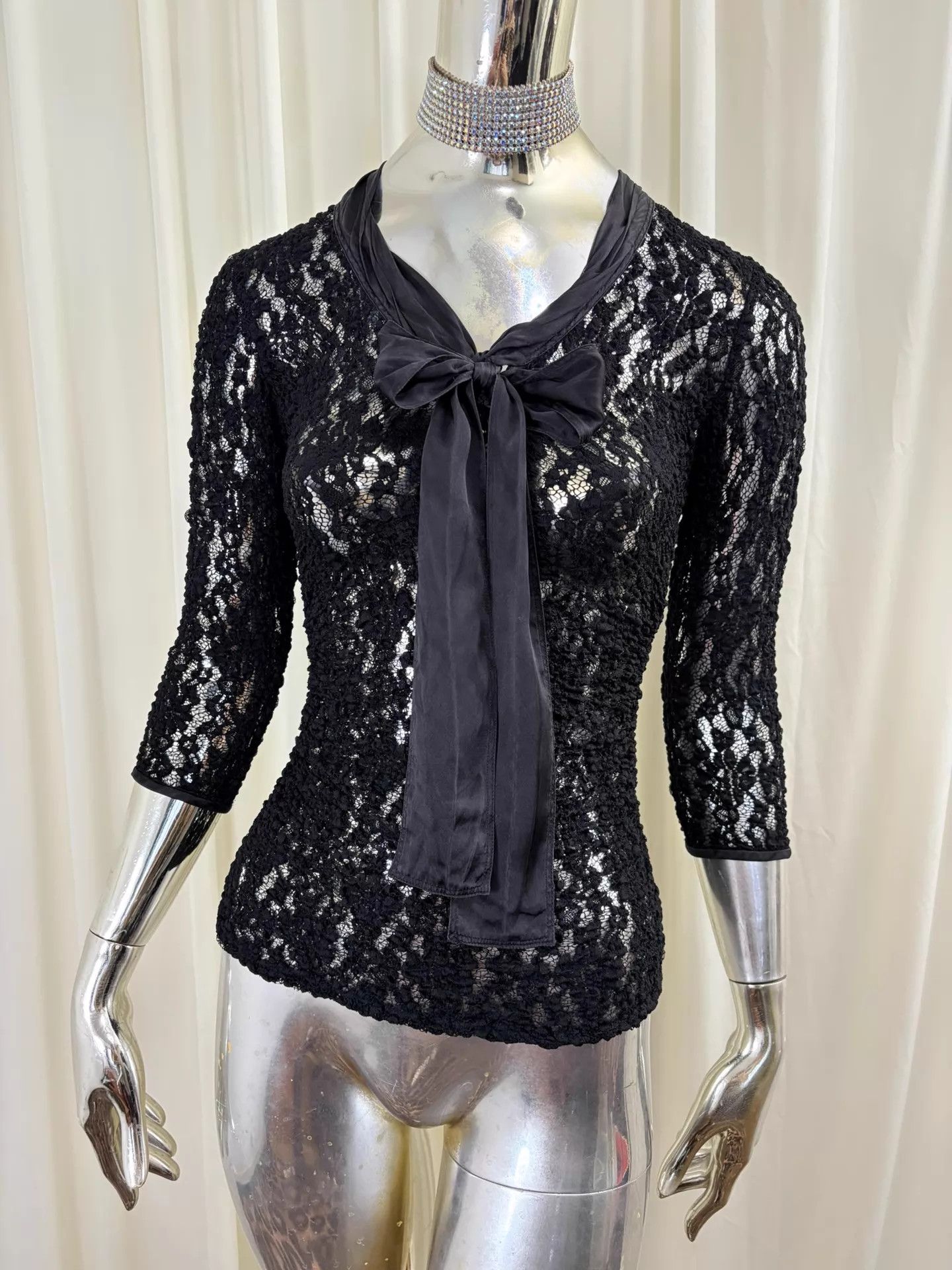 Dolce & Gabbana D&G Vtg Lace Satin Bow 3/4 Sleeve Tulle Slim Top Size XS / US 0-2 / IT 36-38 - 2 Thumbnail