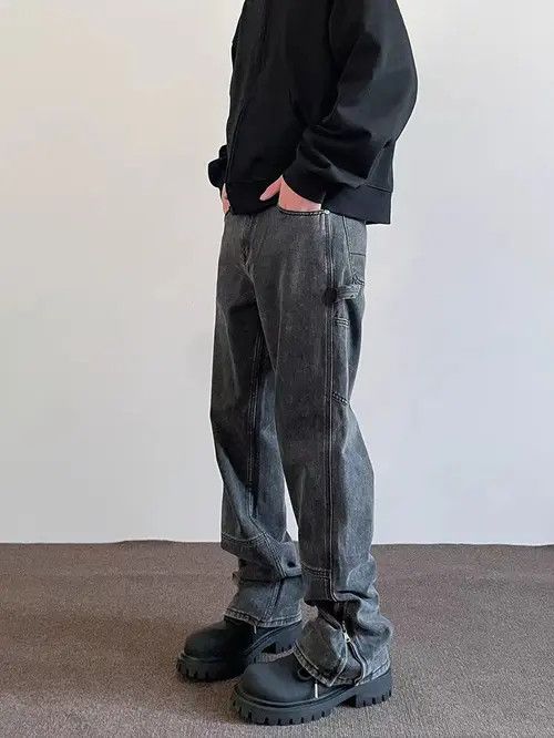 Street style multi-pocket zipper micro-flare work jeans