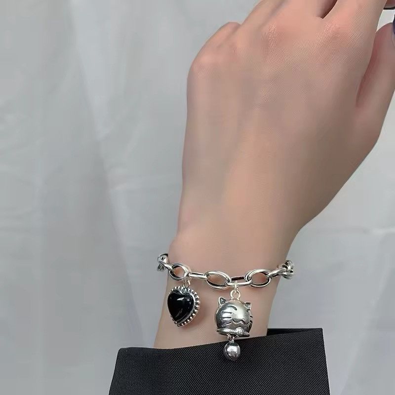 Other Sweet Cat Animal Bell Black Love Heart Bracelet Size ONE SIZE - 2 Thumbnail