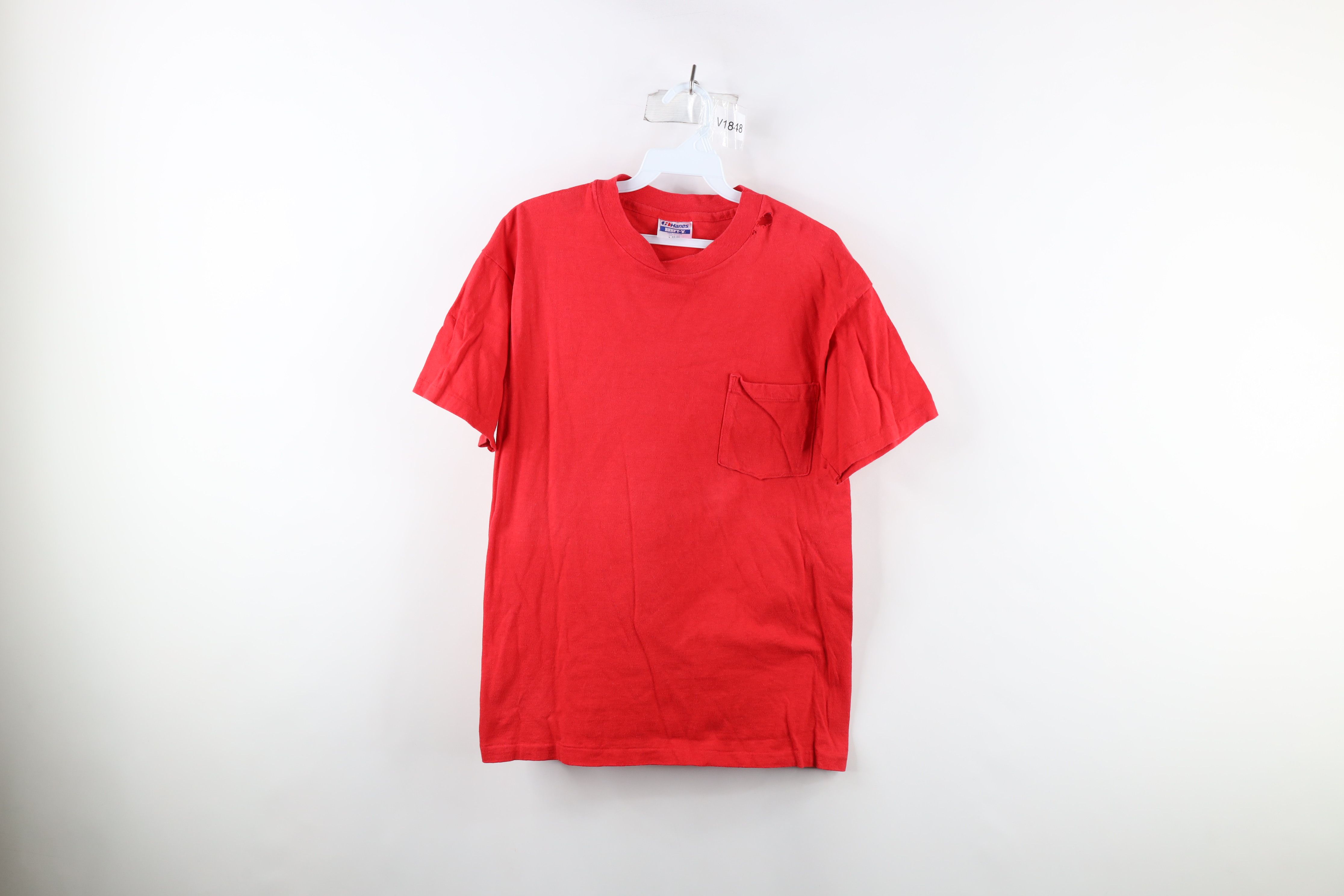 Vintage Vintage 90s Hanes Blank Pocket T-Shirt Cotton Red USA Size US L / EU 52-54 / 3 - 1 Preview