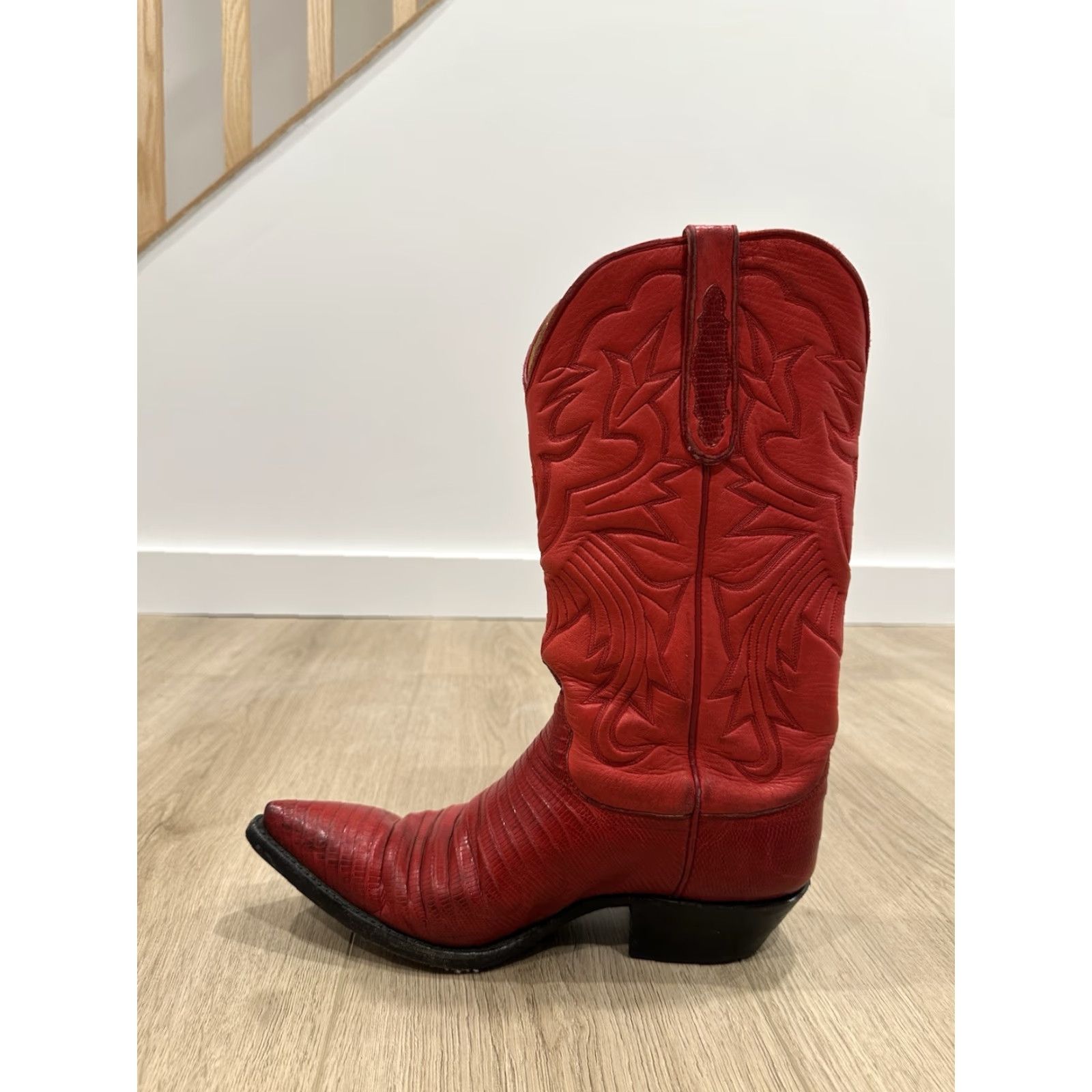 Skin Stallion Western Boots Men’s Size 8.5D Red Leather Lizard Pattern Pointed Toe Cowboy Boots Leather Insole Mid-Calf Shaft Style Handcrafted Size US 9 / EU 42 - 6 Thumbnail