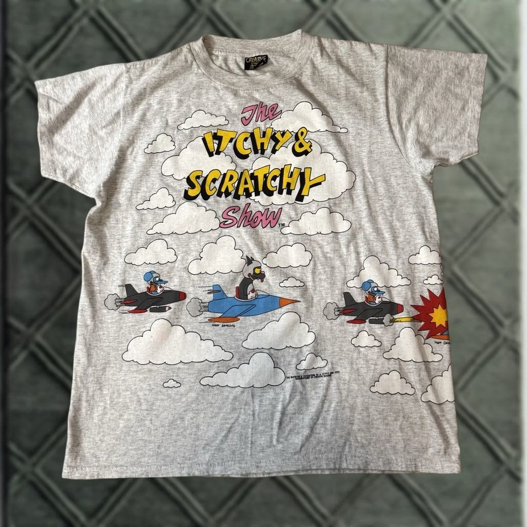 Vintage VINTAGE The Simpsons Itchy & Scratchy Promo Shirt XL Gray Short Sleeve Mens T-Shirt 90s AOP Matt Groening Creative Images Size US XL / EU 56 / 4 - 1 Thumbnail