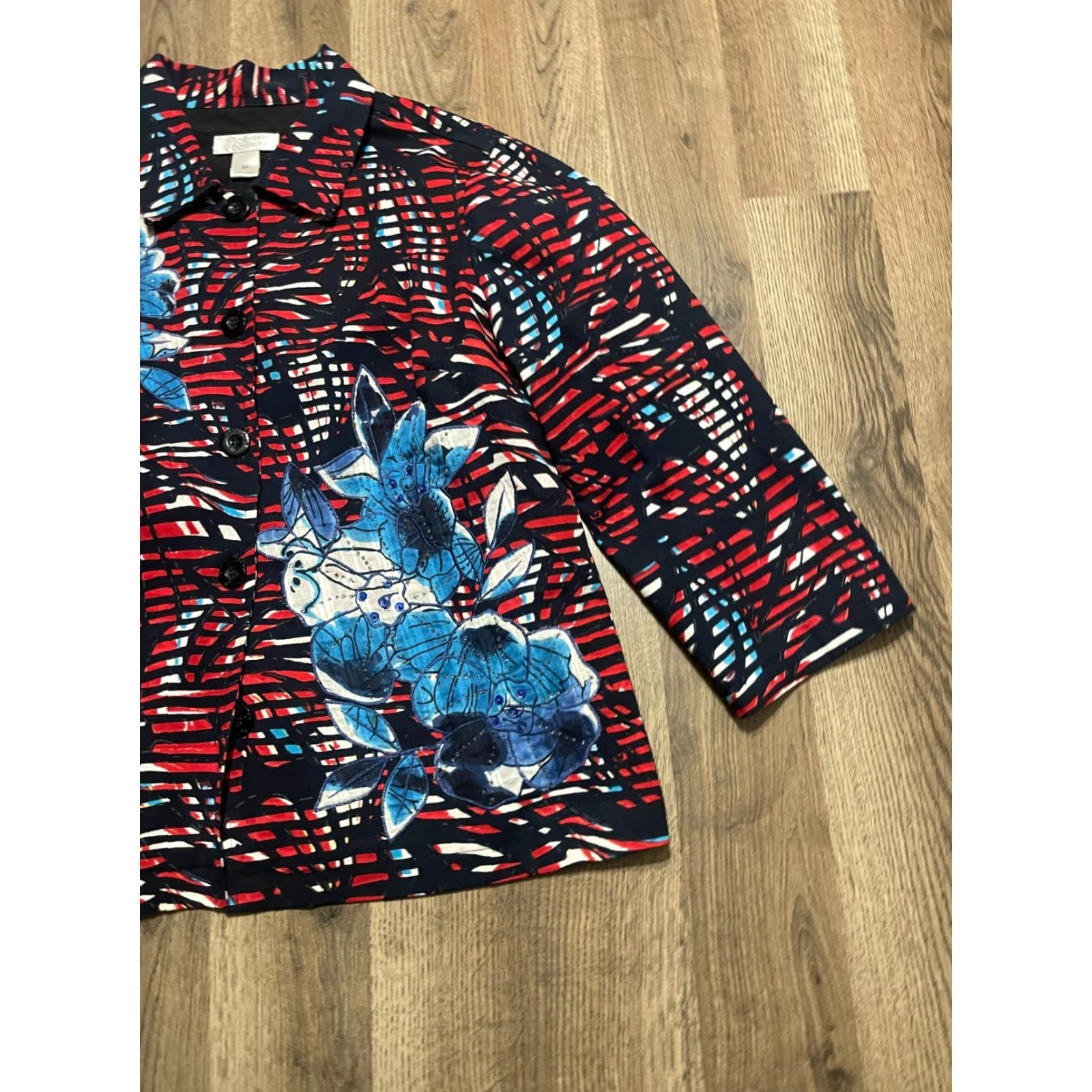 Vintage Christopher & Banks Shirt, Women's Medium, Button-Up, Red Blue, Allover Print, Casual, Fall Spring Summer, Women, Regular Fit Size M / US 6-8 / IT 42-44 - 4 Thumbnail