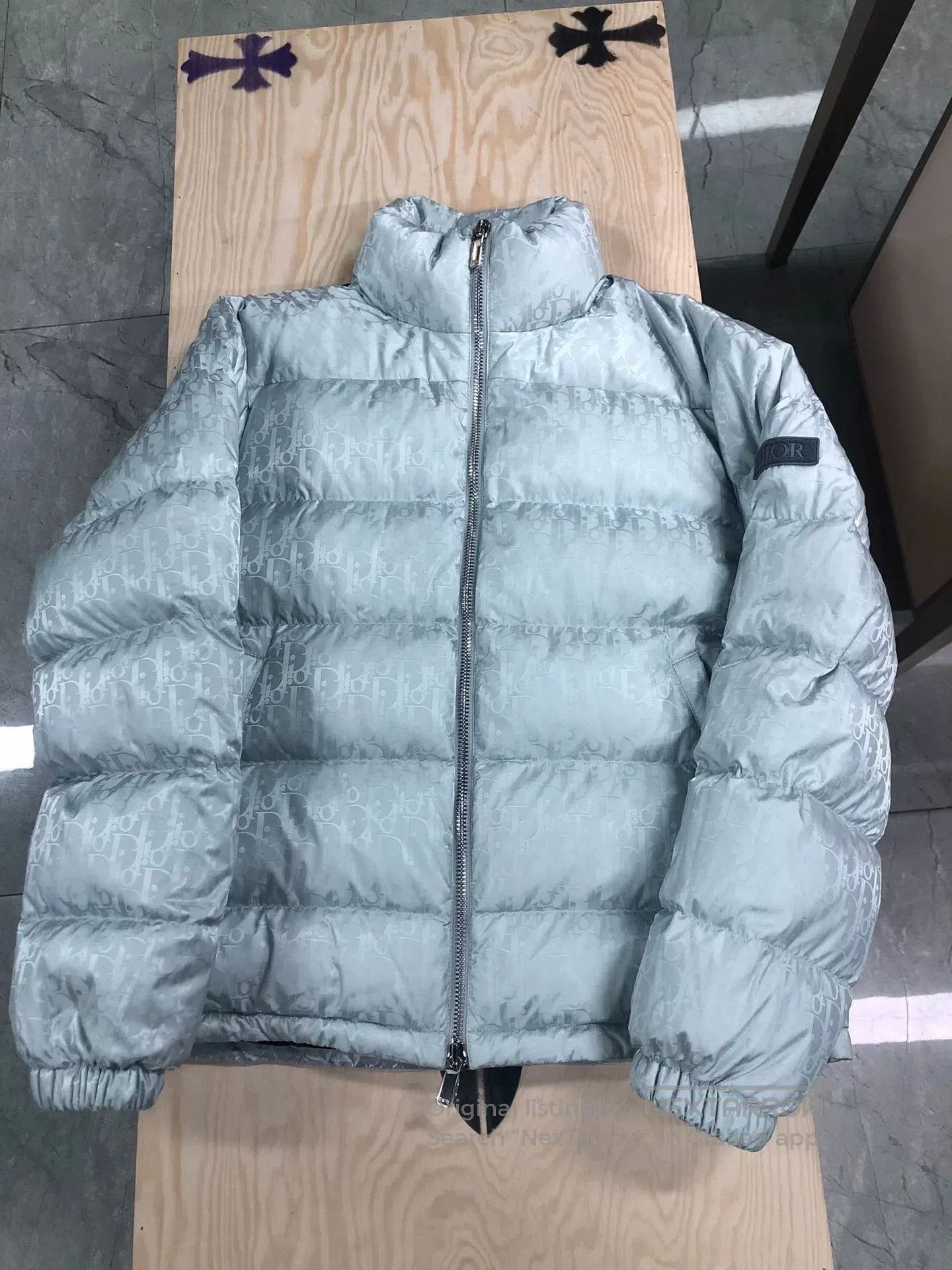dior logo hooded zip jacket in gray.