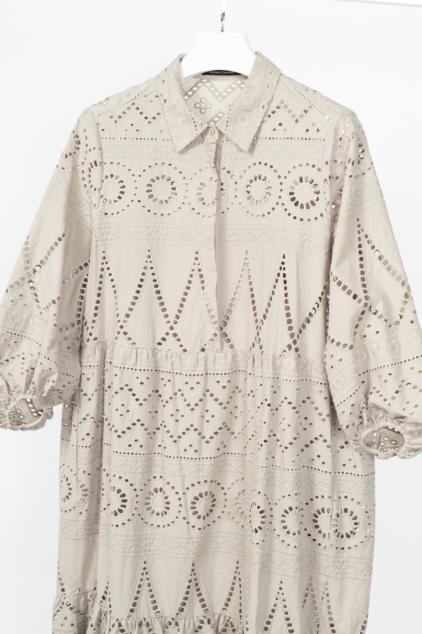 Luisa Cerano Luisa Cerano SS22 Taupe Cotton Broderie Anglaise Shirt Dress Size XL / US 12-14 / IT 48-50 - 3 Thumbnail