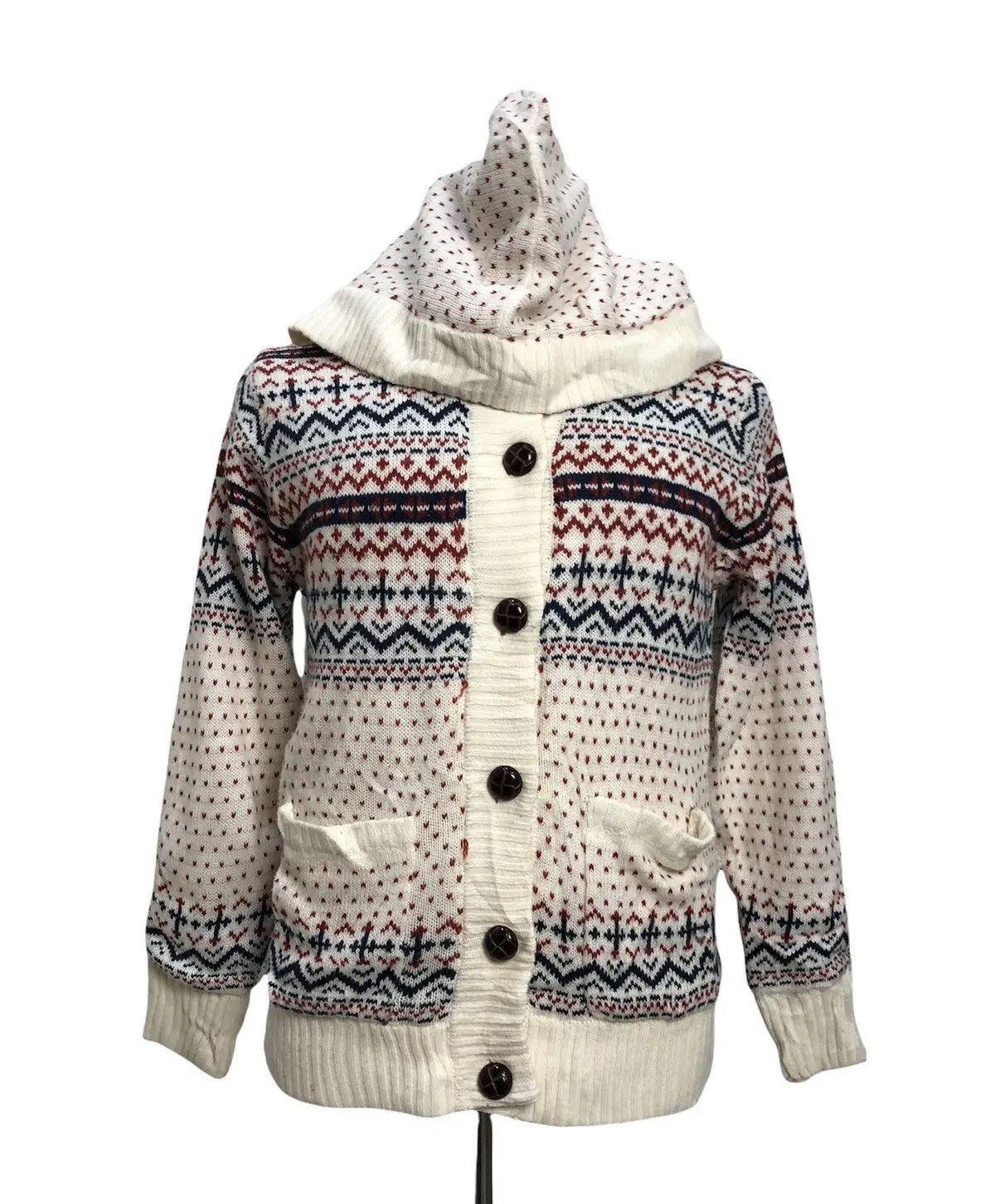 Japanese Brand COLZA Fair Isle Nordic Snowflake Button Up Sweater with Hood Size US M / EU 48-50 / 2 - 1 Thumbnail