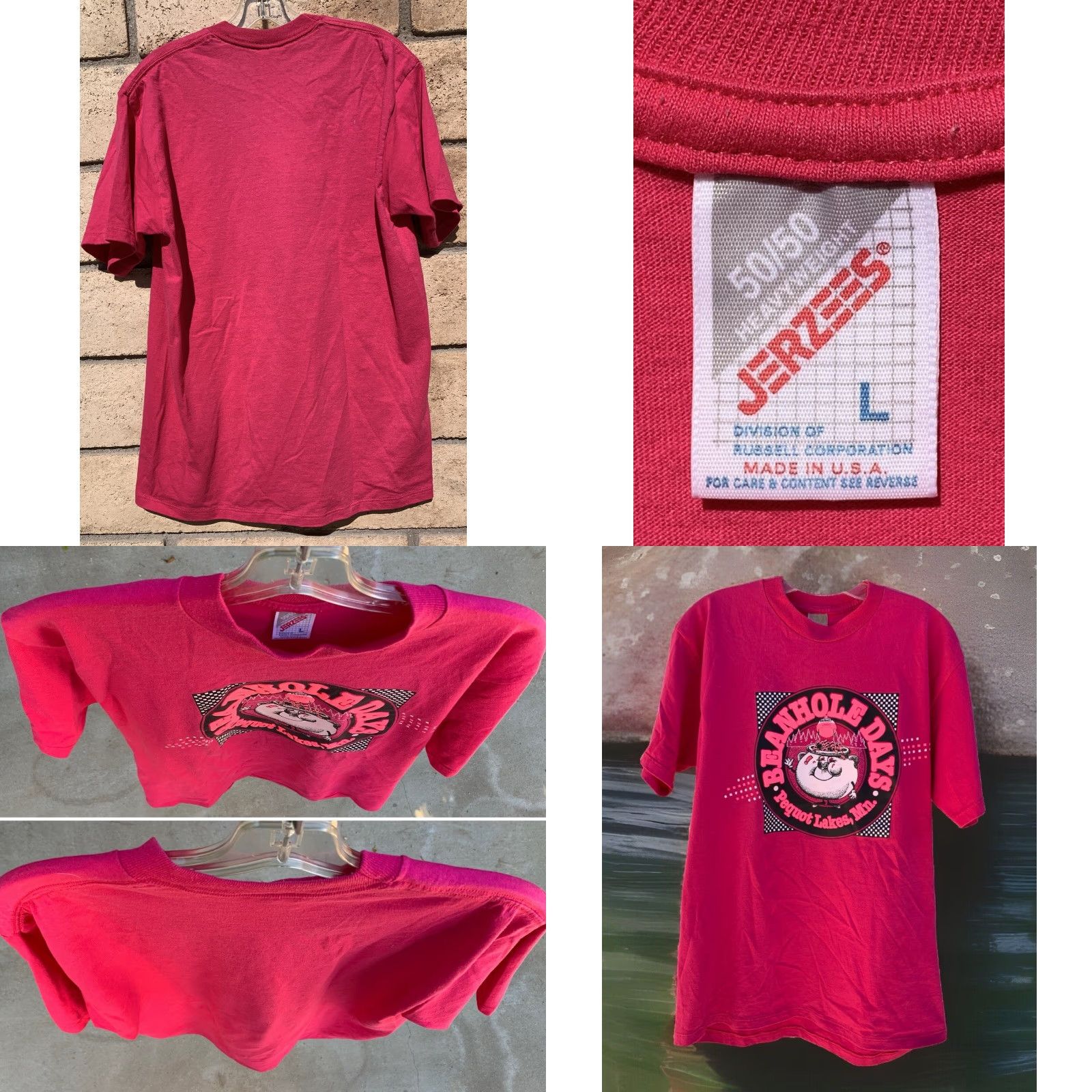 Jerzees VINTAGE Beanhole Days T Shirt Pequot Lakes Mn Pink L Large Jersey/JERZEES Short Sleeve Cotton Blend Graphic Print Mens Regular Size L Size US L / EU 52-54 / 3 - 9 Thumbnail