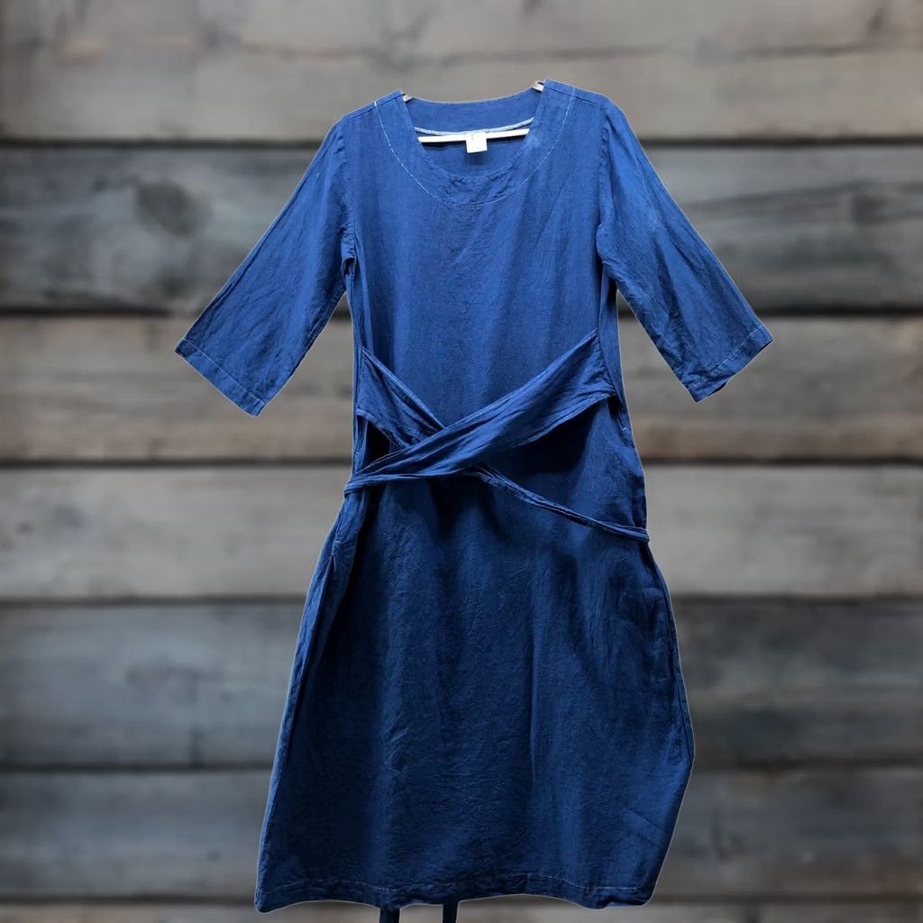 Vintage VINTAGE Len Ok Linen Midi Dress Womens M Blue 3/4 Sleeve Wrap Tie Belt Waist Pockets Bohemian Peasant Casual Travel Mens Womens Size M / US 6-8 / IT 42-44 - 1 Thumbnail