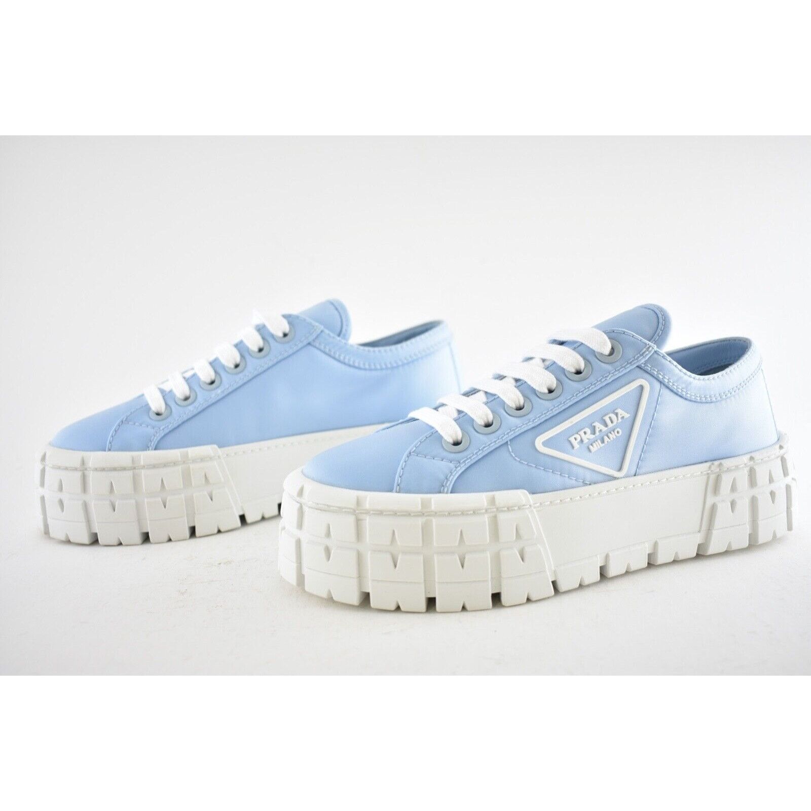 Prada Prada Cielo Blue Nylon White Platform Low Top Sneaker 37.5 Size US 7.5 / IT 37.5 - 10 Thumbnail