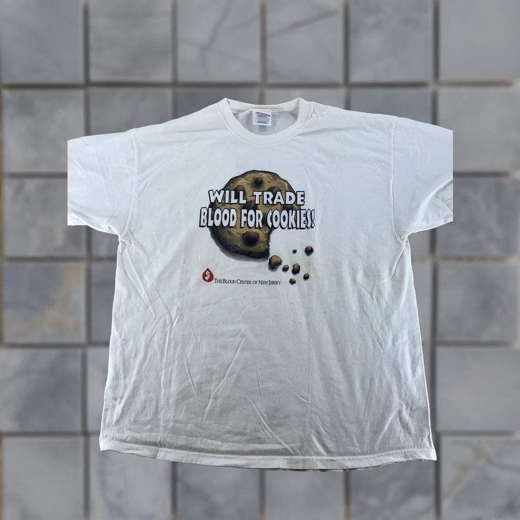 Hanes VINTAGE Will Trade Blood For Cookies Shirt Mens XL White Hanes Cotton Graphic Print 90s Funny Joke The Blood Center of New Jersey Mens Size US XL / EU 56 / 4 - 1 Thumbnail