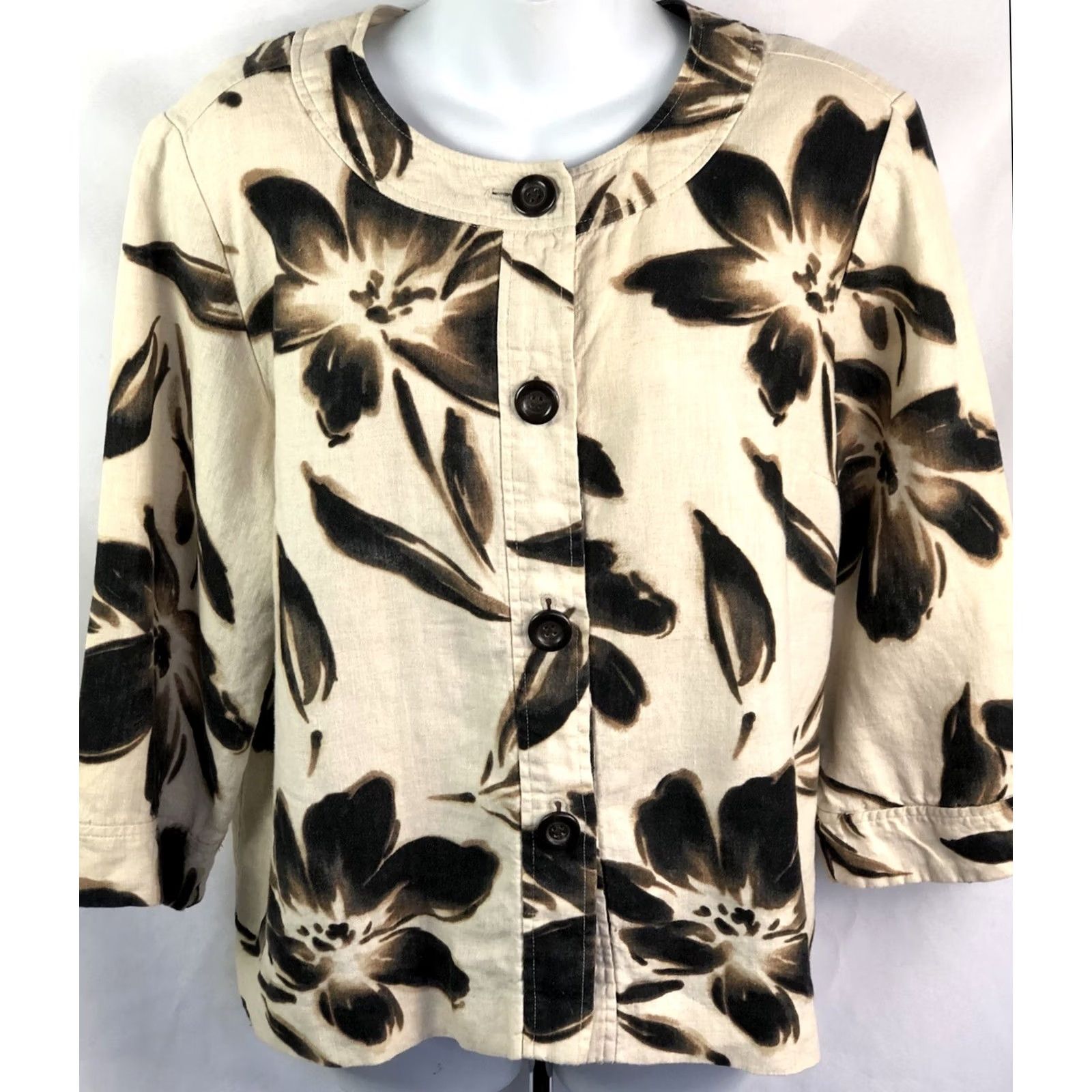 JM Collection JM Collection Linen Top Blouse 16 Brown Floral 3/4 Sleeve Round Neck Casual Workwear Boho Fairy Womens Size XXL / US 16-18 / IT 52-54 - 2 Thumbnail