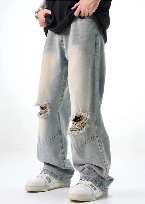 Japanese Brand × Jean Men's all-match loose straight hiphop washed ripped jeans Size US 32 / EU 48 - 2 Thumbnail