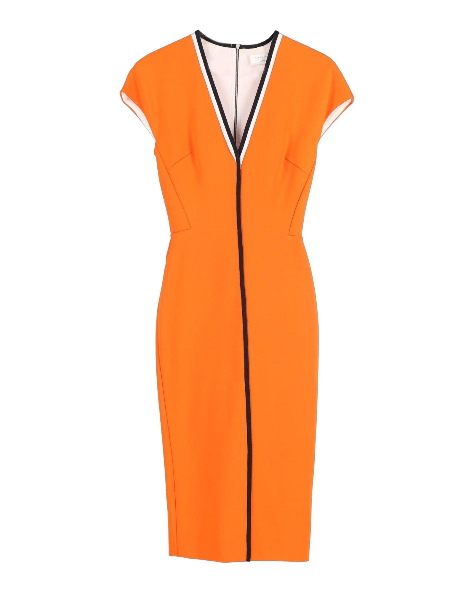 image of Victoria Beckham Orange Viscose V-Neck Cap Sleeve Dress, Women's (Size XS)