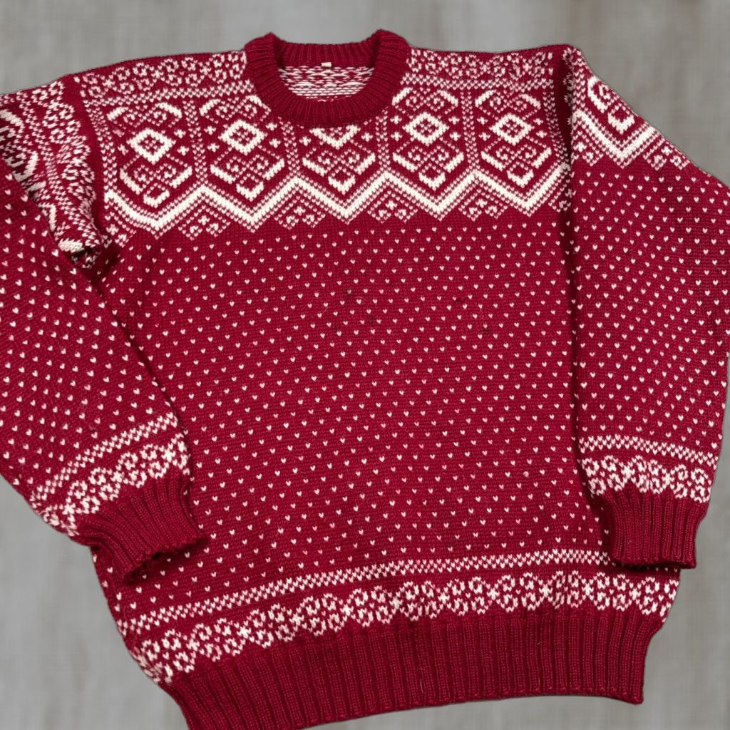 Vintage VINTAGE Grandpa Sweater Men L Red Wool Knit Nordic Birdseye Rib Crew Neck Pullover Geometric 90s Classic Logo Size US L / EU 52-54 / 3 - 1 Thumbnail