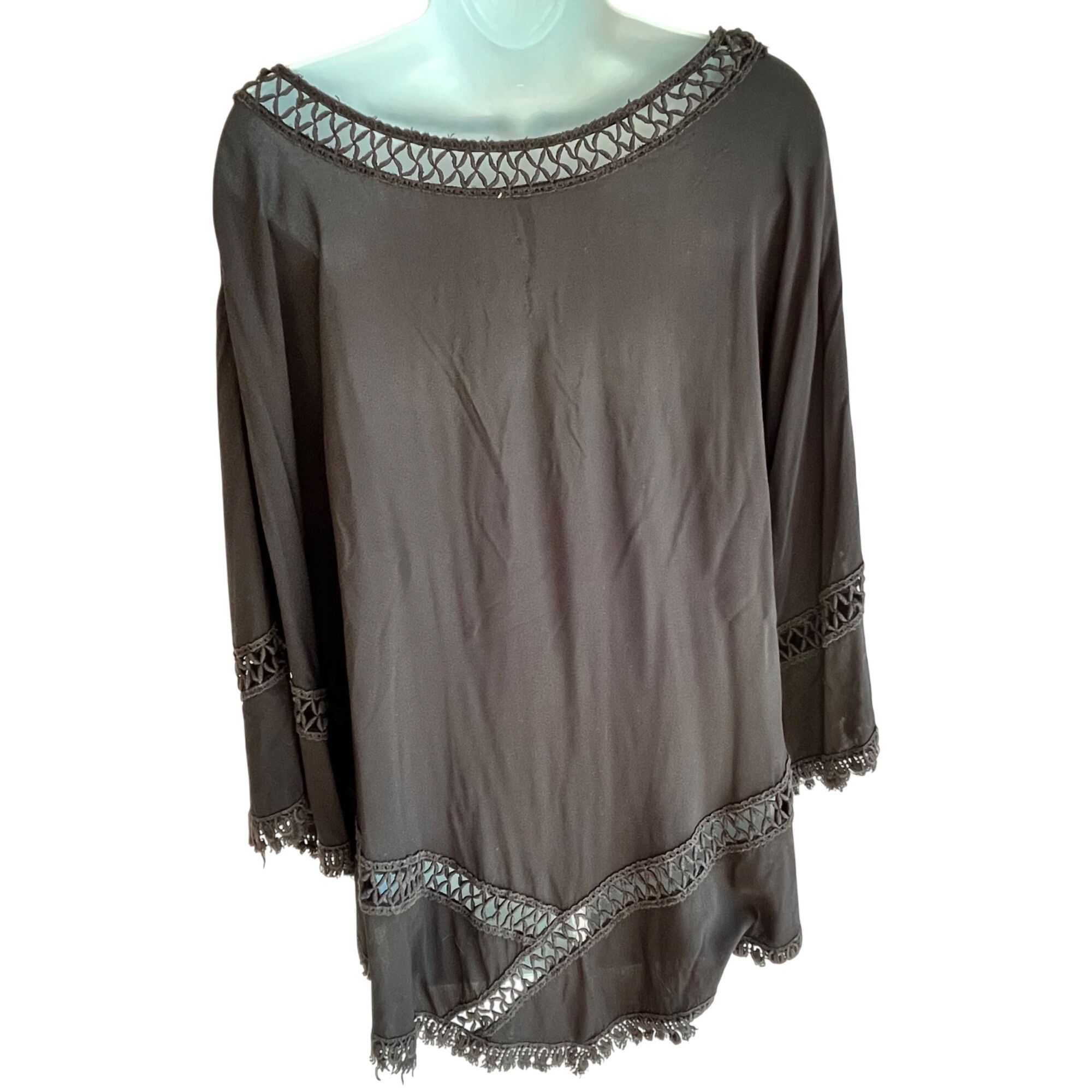 Vintage Womens Medium Black Poncho Top With Crochet Trim 87s Size M / US 6-8 / IT 42-44 - 2 Thumbnail