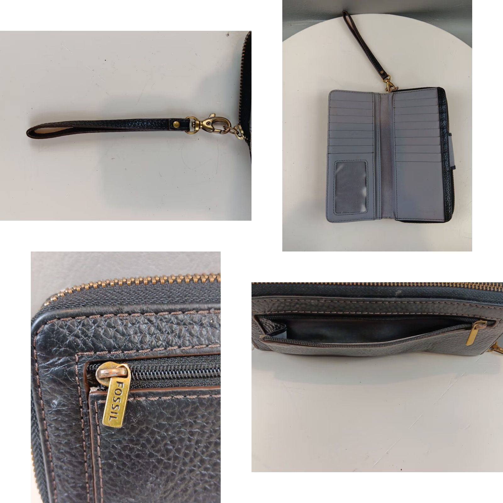 Fossil FOSSIL Wallet Zip-Around Black Pebble Leather L Wallet Wristlet Clutch ID Window Card Slots Retractable Strap Gold-Tone Hardware Women Size ONE SIZE - 11 Thumbnail