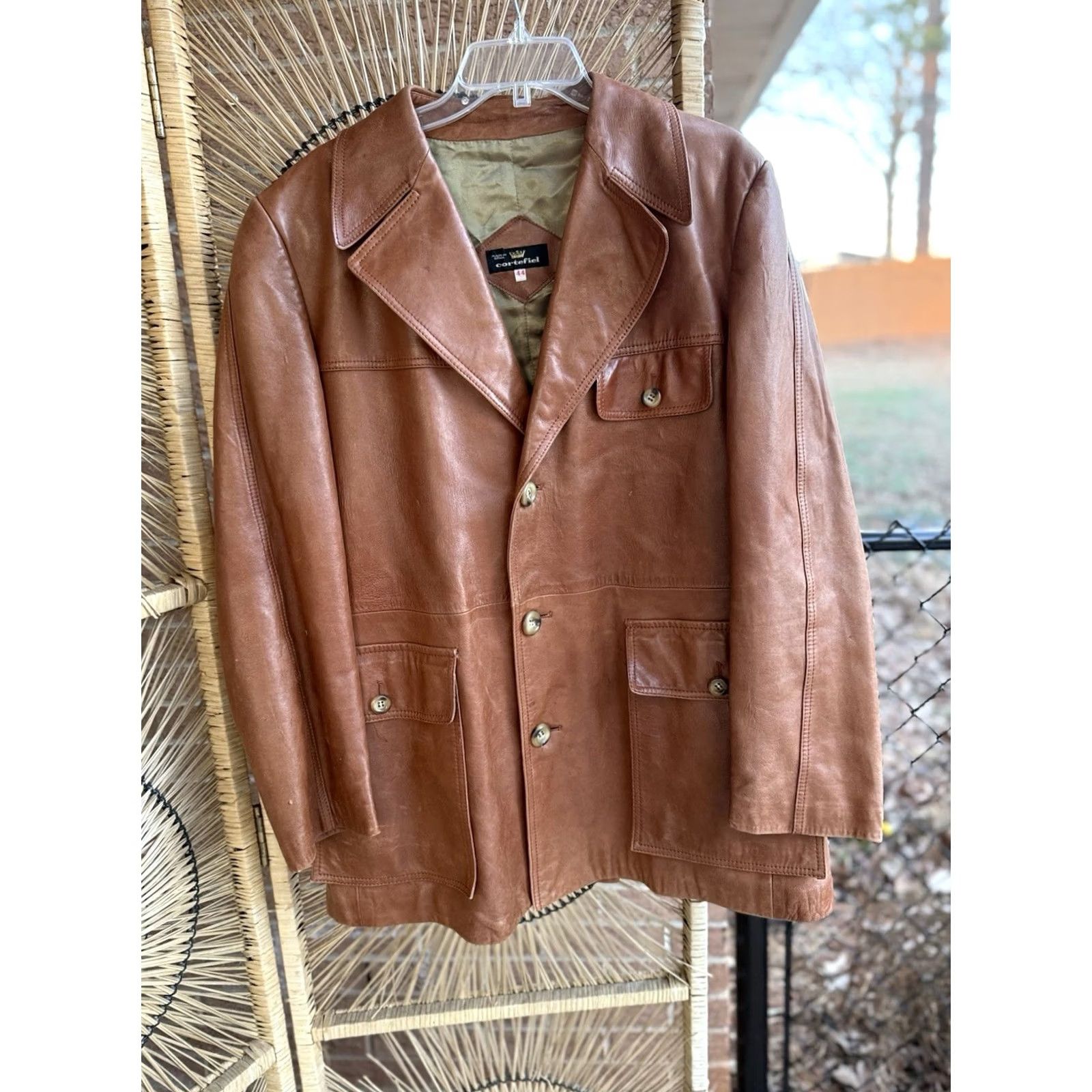 Vintage VINTAGE Cortefiel Men's Leather Safari Jacket 70s Made In Spain 44 Brown Leather Trench Coat Mens Jacket Size US S / EU 44-46 / 1 - 3 Thumbnail
