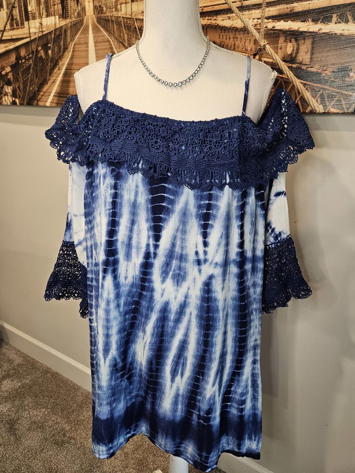 Designer Nwt NYC Navy Tie-Dye Off-Shoulder Coverup with Crochet Trim Size ONE SIZE - 1 Thumbnail