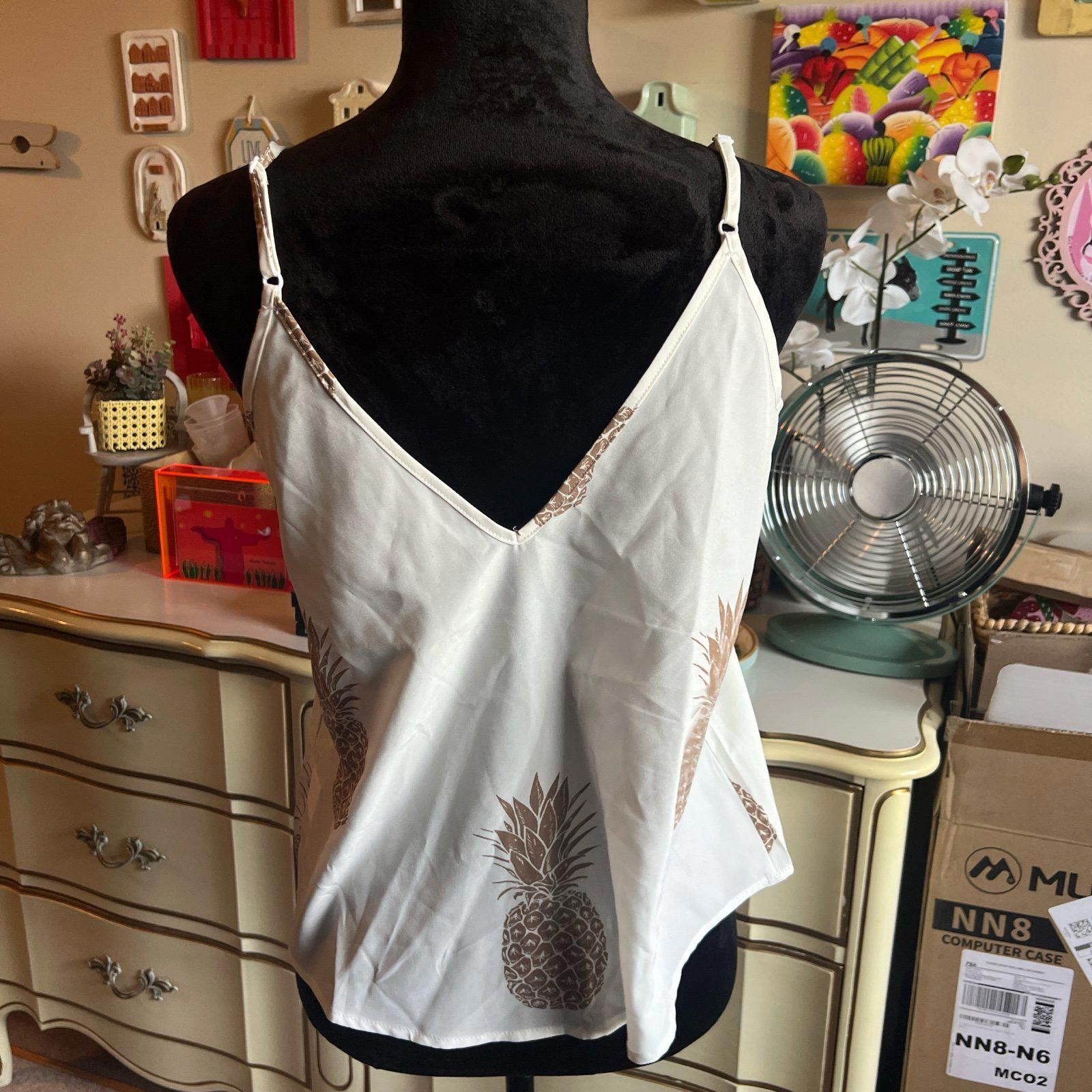 Shein y2k White and brown pineapple print top adjustable straps Size S / US 4 / IT 40 - 2 Thumbnail