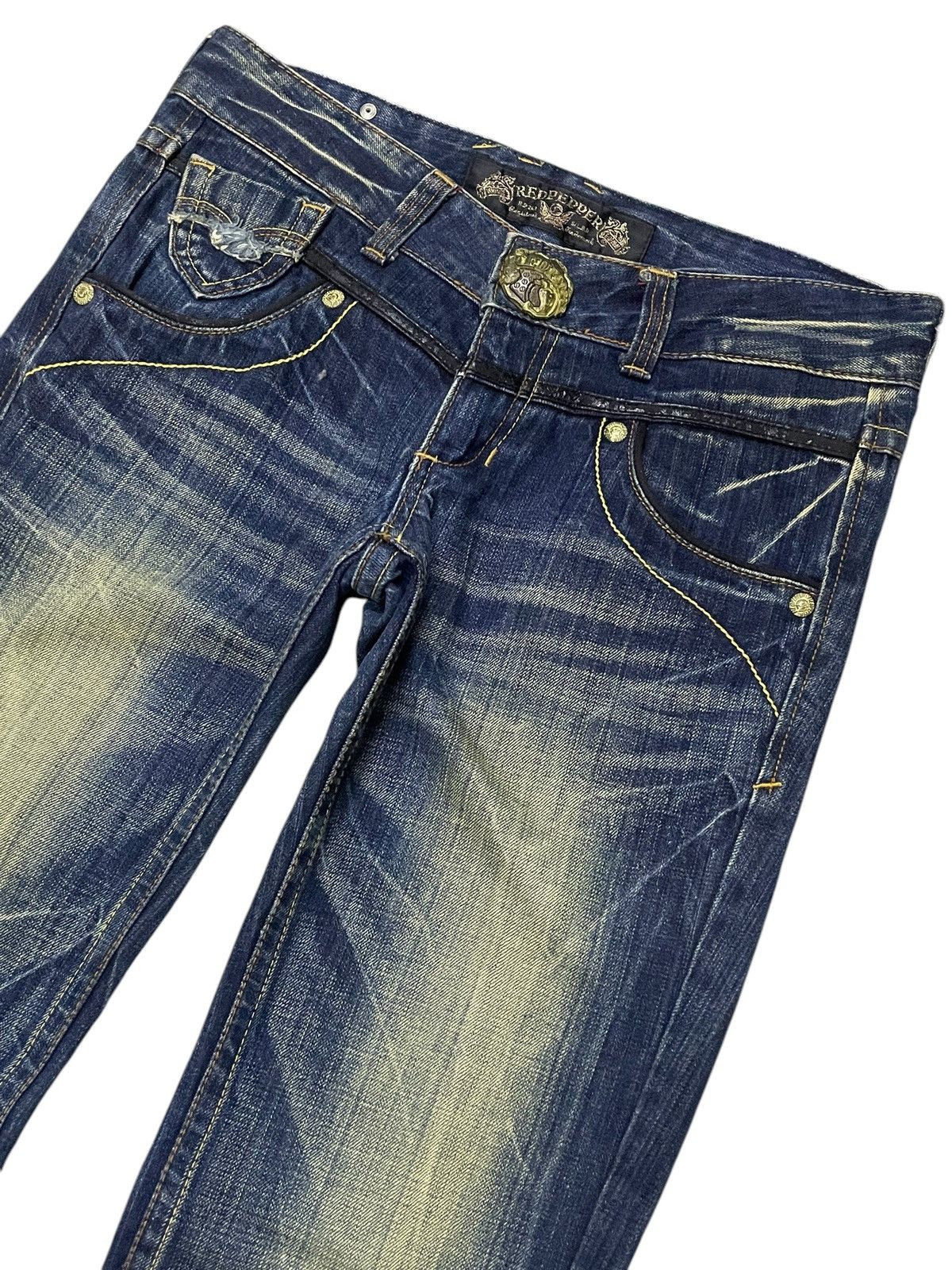 Japanese Brand × LOWBOX × semanticdesign Red Pepper Japan Leather Feather Wings Mud Wash Flare Jeans Size US 30 / EU 46 - 3 Thumbnail