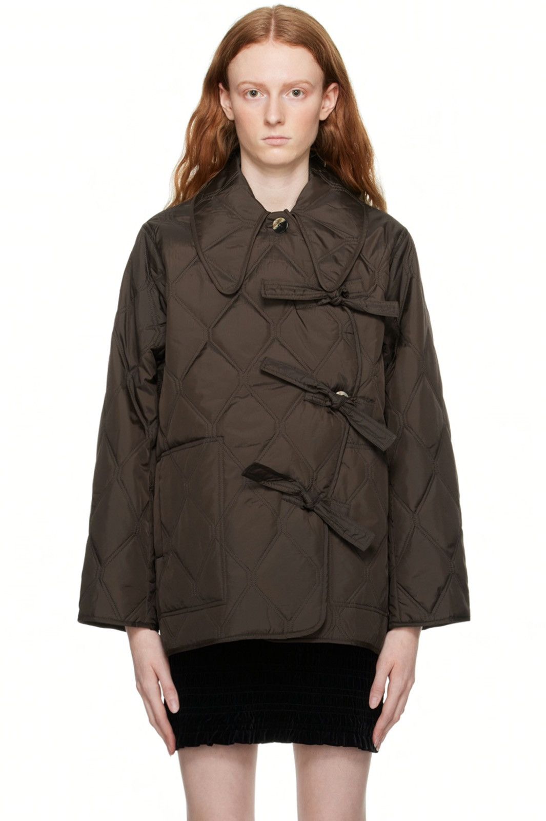 image of Ganni Quilted Ripstop Brown Jacket With Ribbons Size 36, Women's