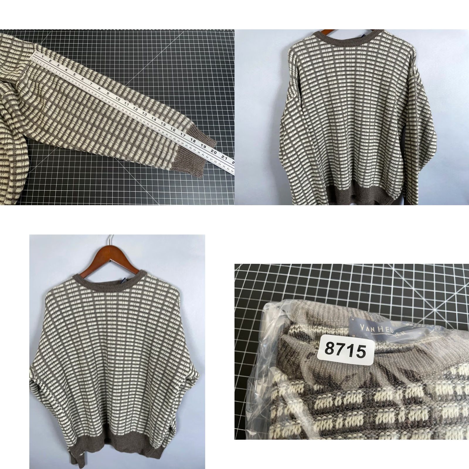 Van Heusen VINTAGE Van Heusen Sweater Mens Large Beige Gray Textured Grid Pattern Dad Style Crew Neck Pullover Knit Size US L / EU 52-54 / 3 - 8 Thumbnail