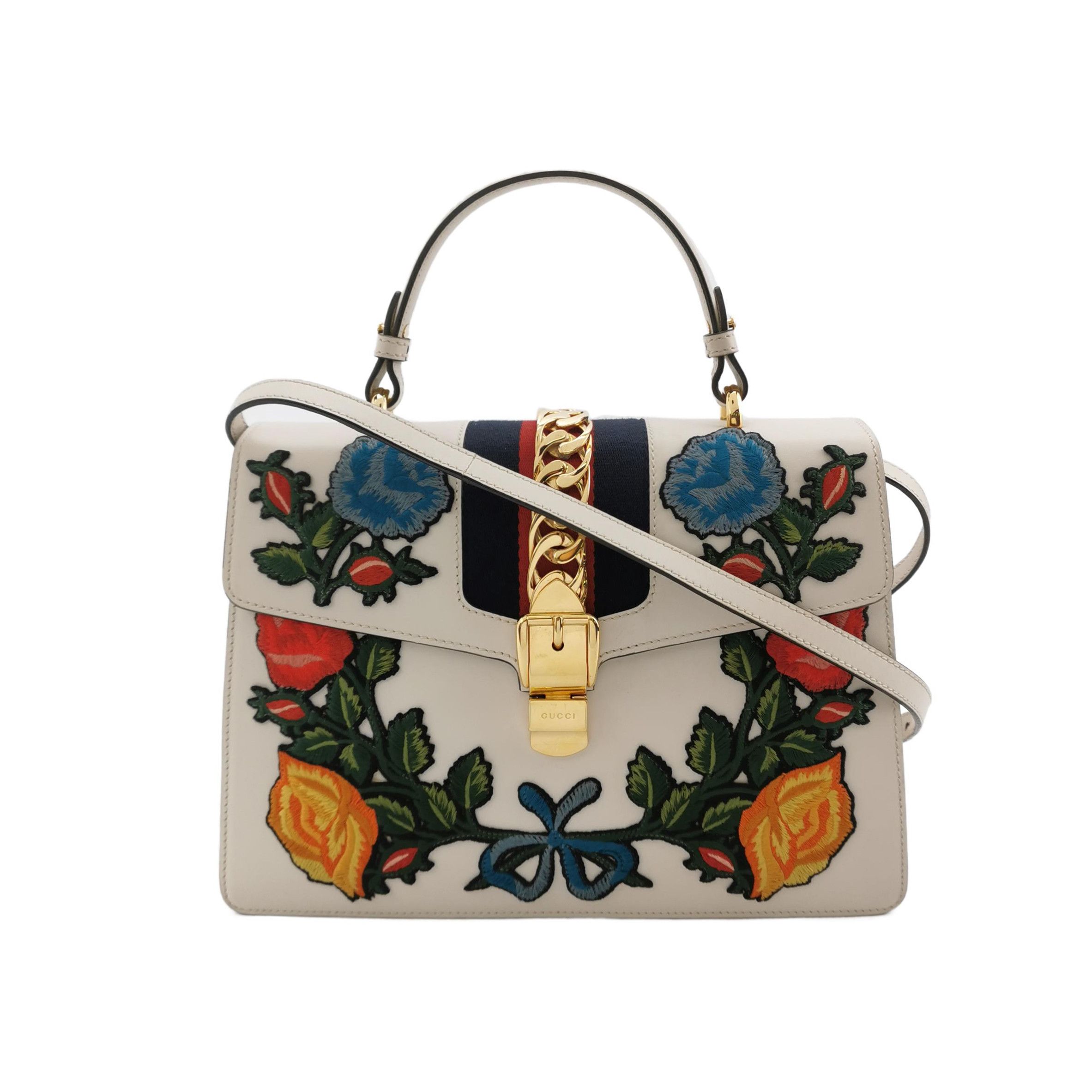Gucci Gucci Sylvie Embroidered Floral Leather Handle Bag Size ONE SIZE - 1 Thumbnail