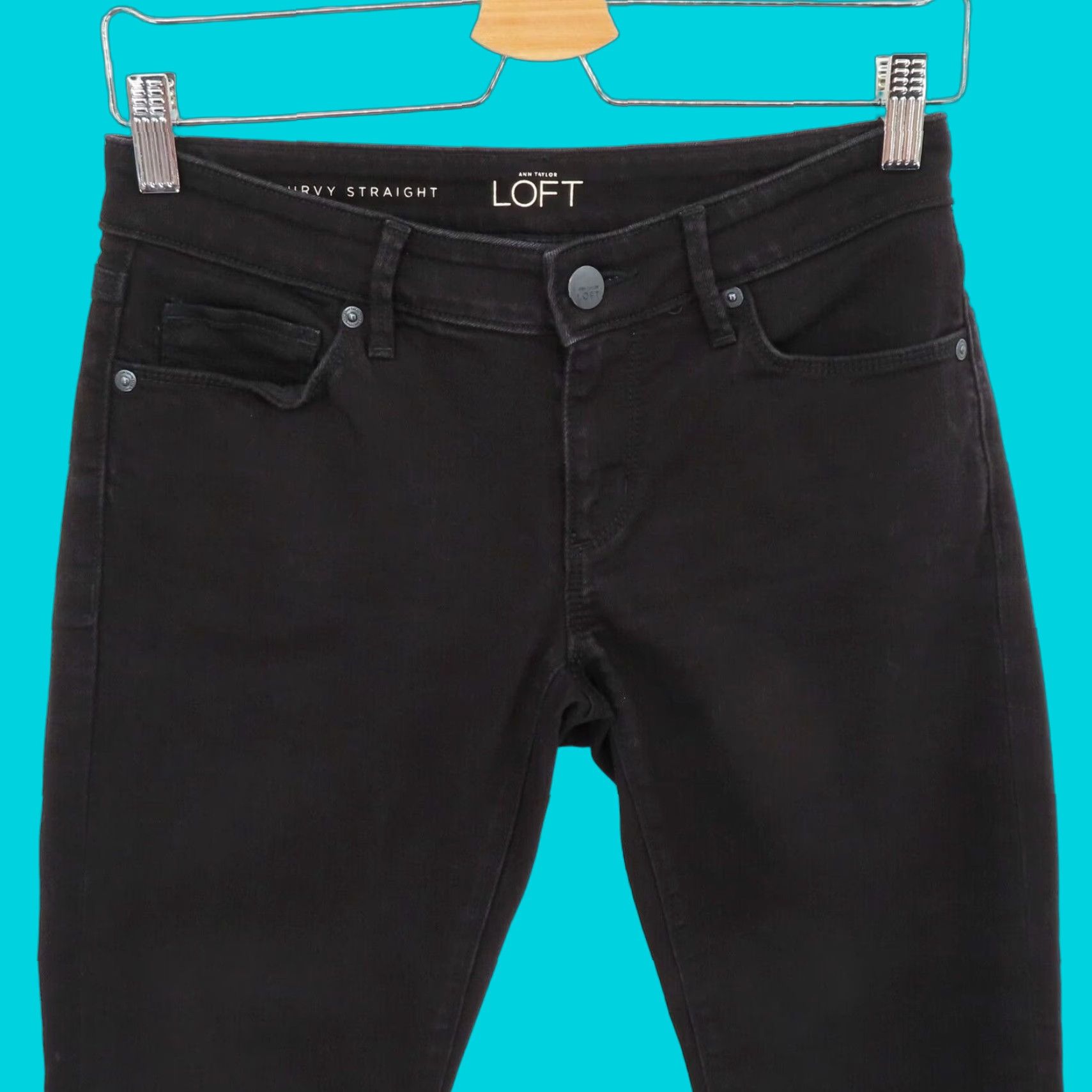 Ann Taylor Ann Taylor LOFT Womens 25/0 Curvy Straight Black Wash Denim Jeans Pants Pockets Size 42" / US 20 - 1 Thumbnail