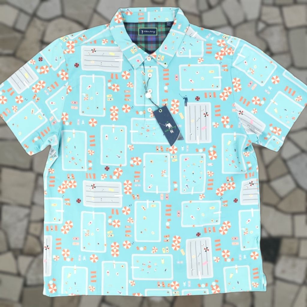 William Murray Fish Outta Water Golf Stretch Polyester All Over Print Polo Shirt Blue Men's 2XL