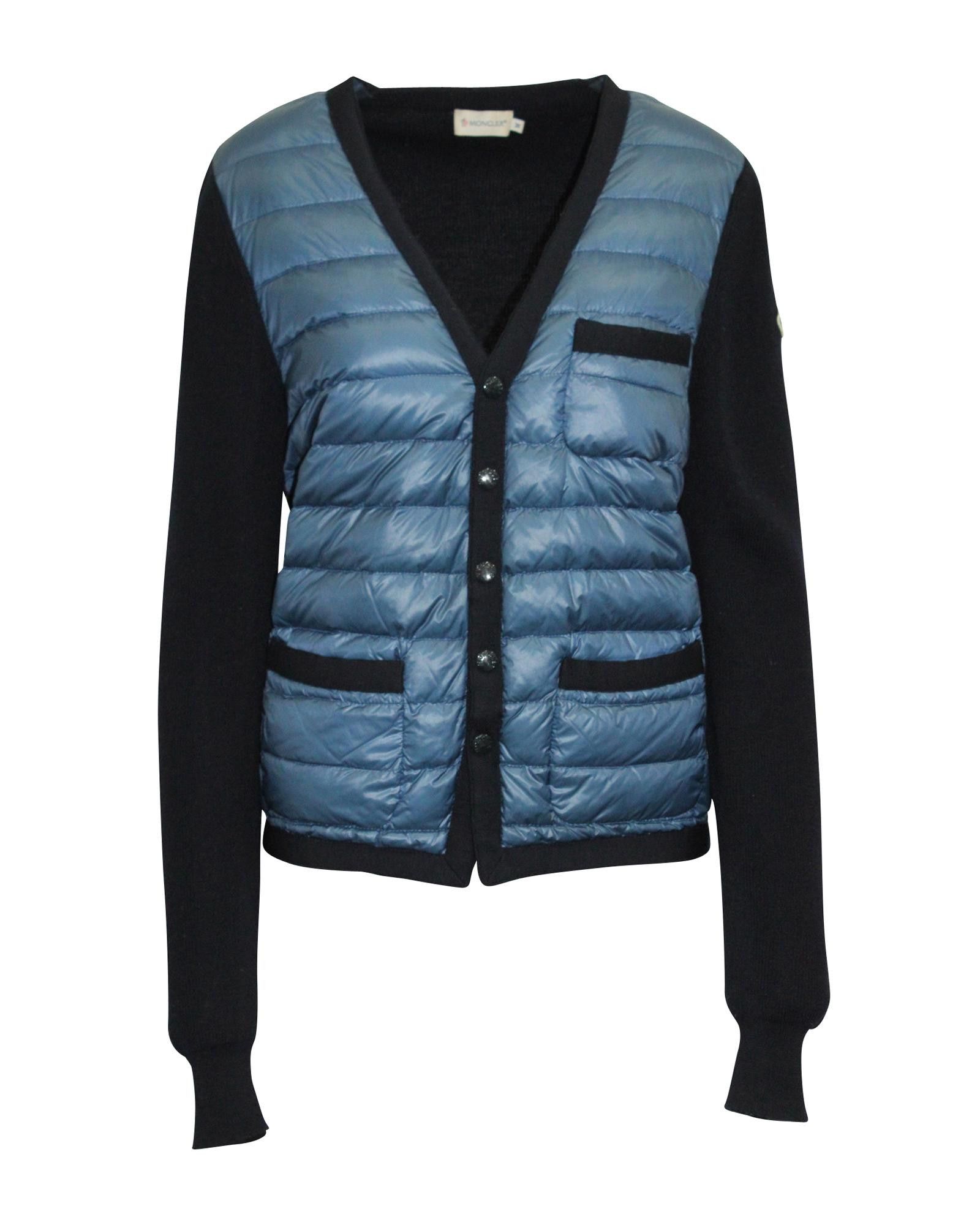 image of Moncler Quilted Down Panel Cardigan Jacket With Knit Sleeves In Navy Blue in Blue/Navy Blue, Women'