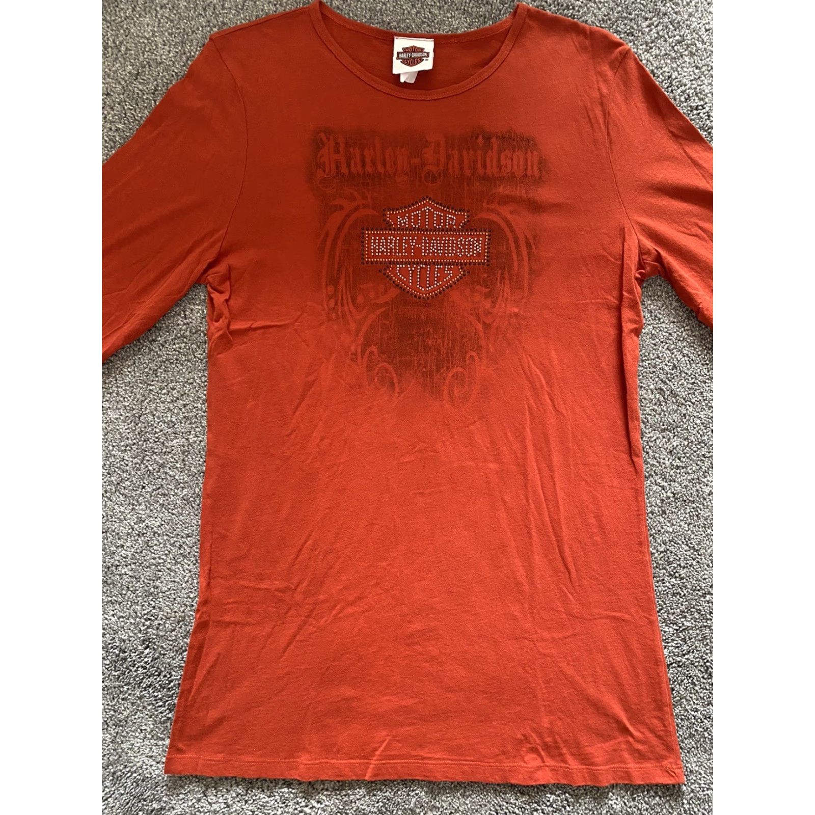 Harley Davidson Harley-Davidson Shirt Women’s Long Sleeve Orange Bedazzled XL Rhinestone RK Stratman Motorcycle Biker Classic Pullover X-Large Size XL / US 12-14 / IT 48-50 - 4 Thumbnail