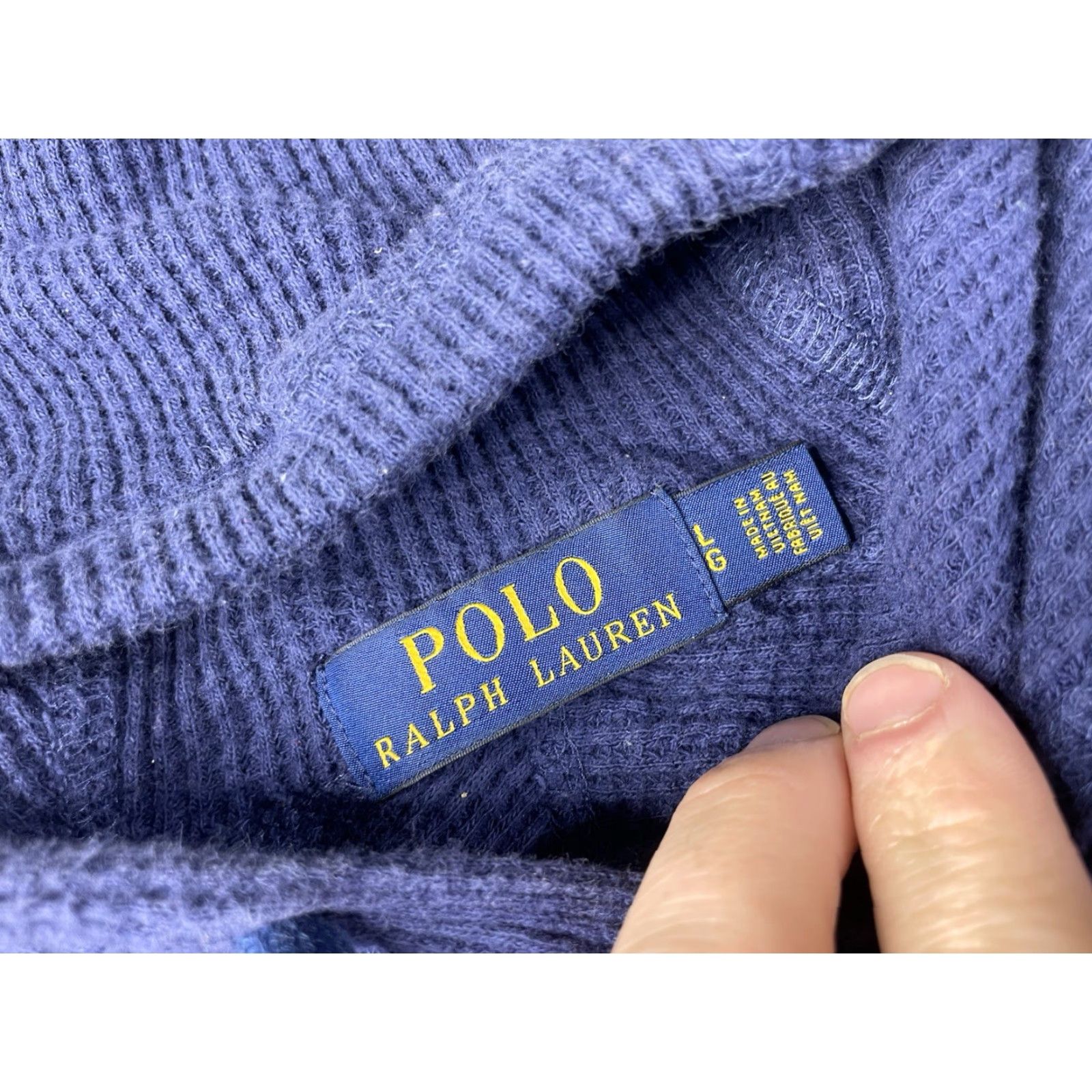 Polo Ralph Lauren Polo Ralph Lauren Mens Large Blue Thermal Pullover Hoodie Sweatshirt Knit Logo Pullover Classic Cotton Waffle Knit Spring Size US L / EU 52-54 / 3 - 3 Thumbnail