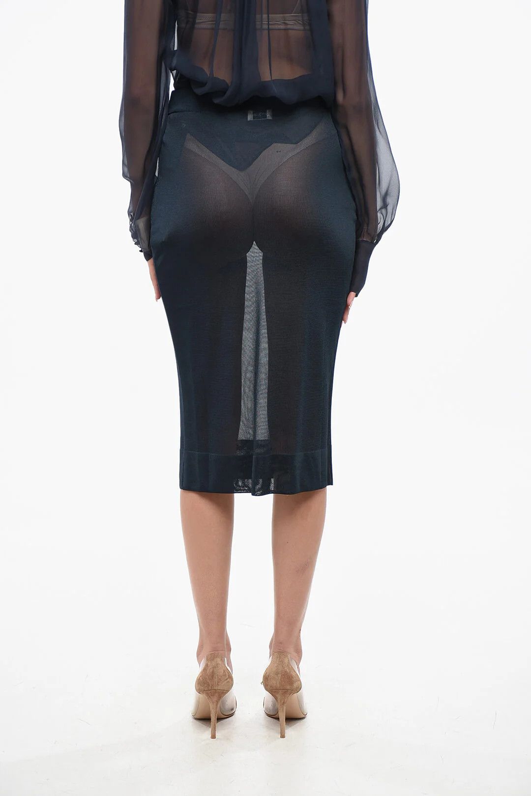 Saint Laurent Paris og1mm0326 Sheer Solid-Color Midi Skirt in Blue Size 30" / US 8 / IT 44 - 2 Thumbnail