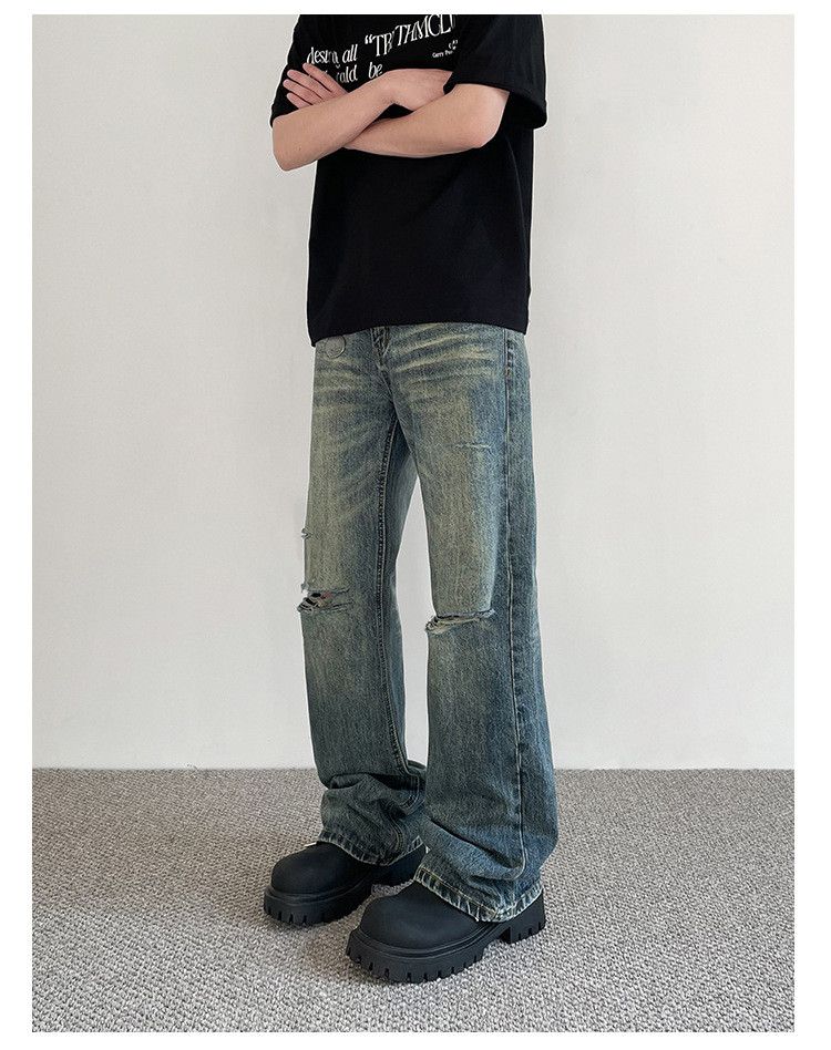 Japanese Brand × Jean Retro distressed men's straight flared cleanfit ripped jeans Size US 32 / EU 48 - 3 Thumbnail