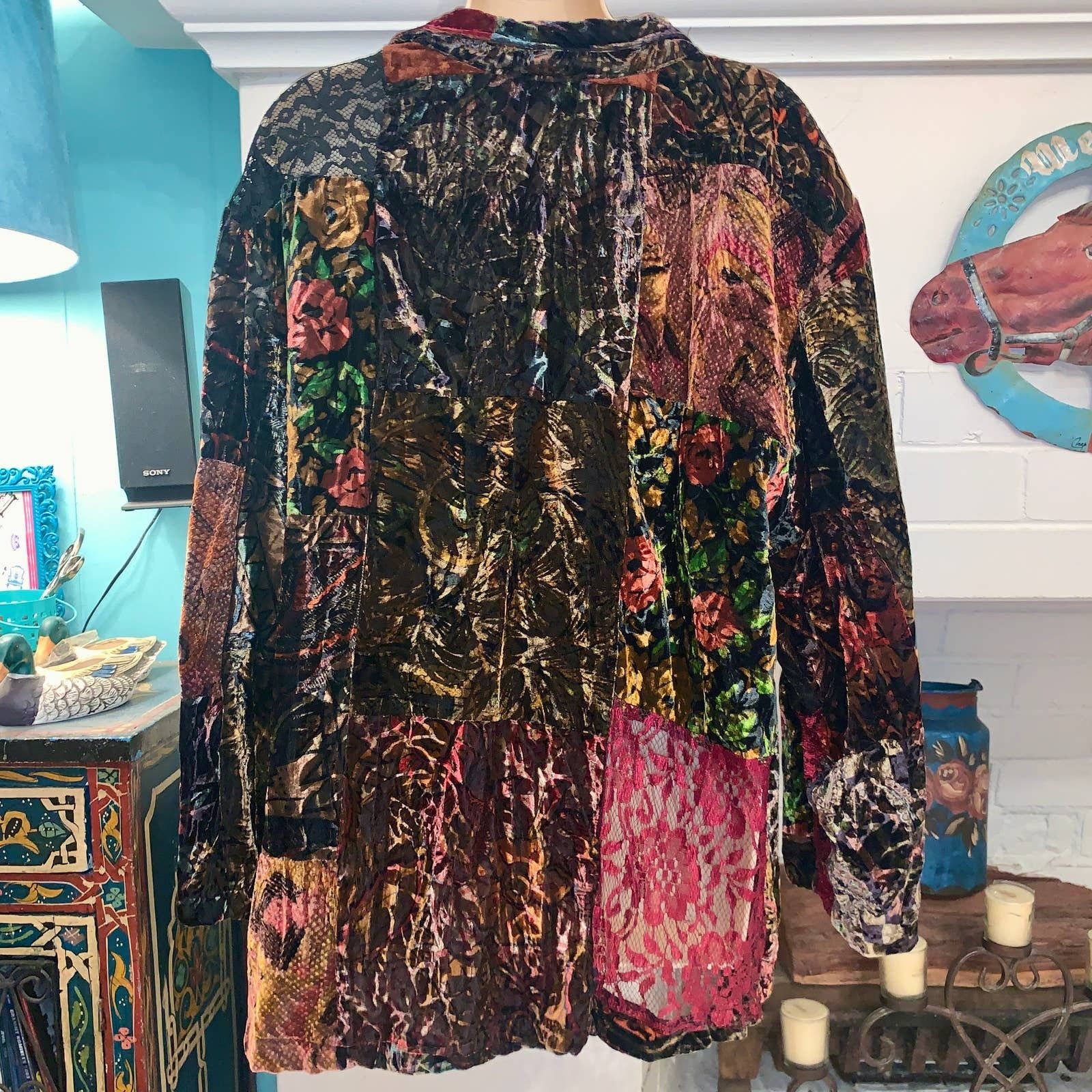 Other VINTAGE 90's UNWORN PATCHWORK SILK BLEND VELVET LACE JACKET Size ONE SIZE - 1 Thumbnail