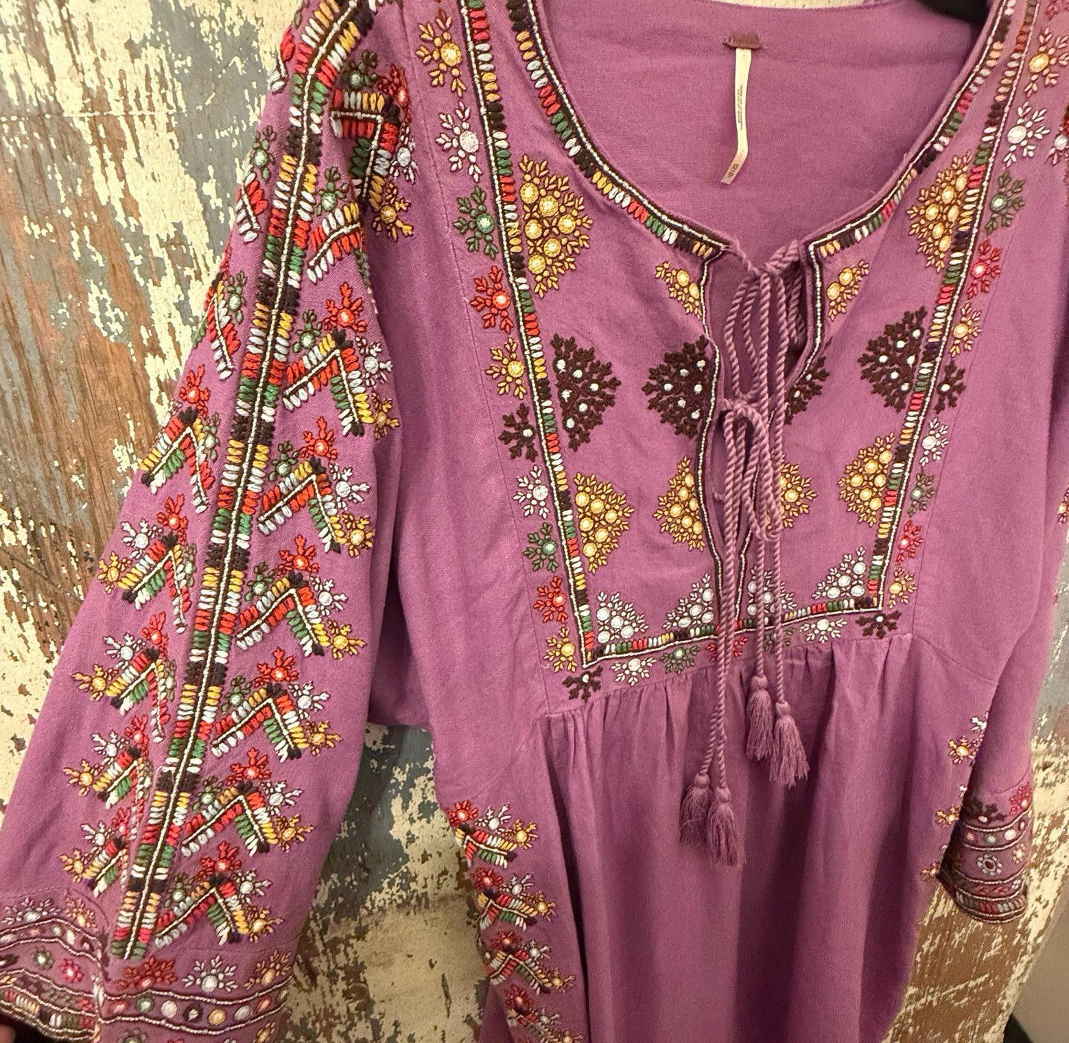 Free People Free People Purple Embroidered Linen Dress, size XS Size XS / US 0-2 / IT 36-38 - 7 Thumbnail