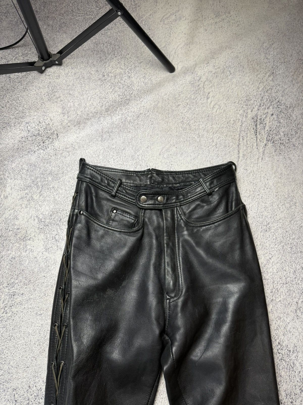 Leather Mens Vintage Biker Leather Pants stripe's Japanese brand y2k Size US 31 - 2 Thumbnail