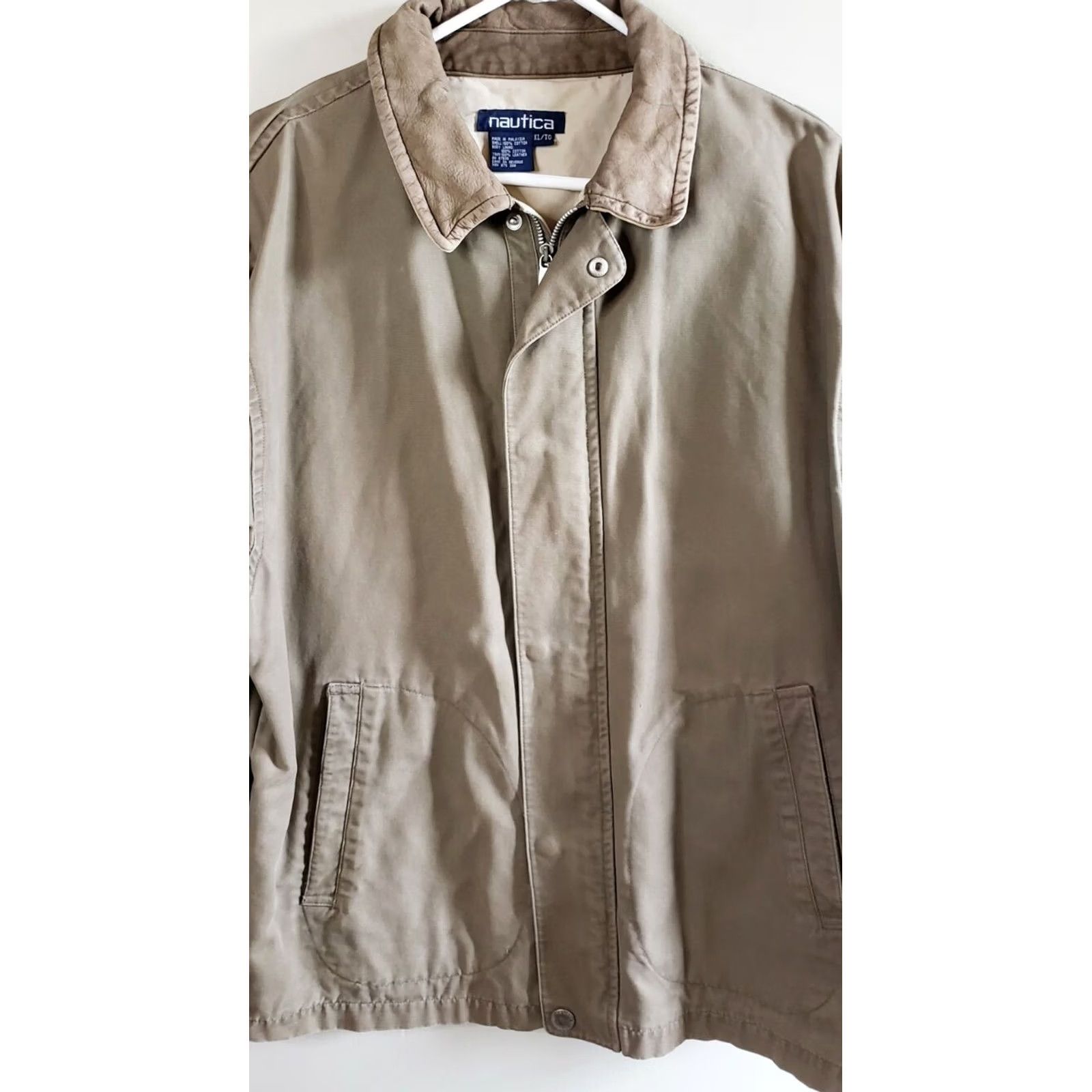 Nautica Nautica Mens XL Canvas Barn Coat Tan Khaki Jacket Full Zip Leather Collar & Trim Jacket Size US XL / EU 56 / 4 - 2 Thumbnail