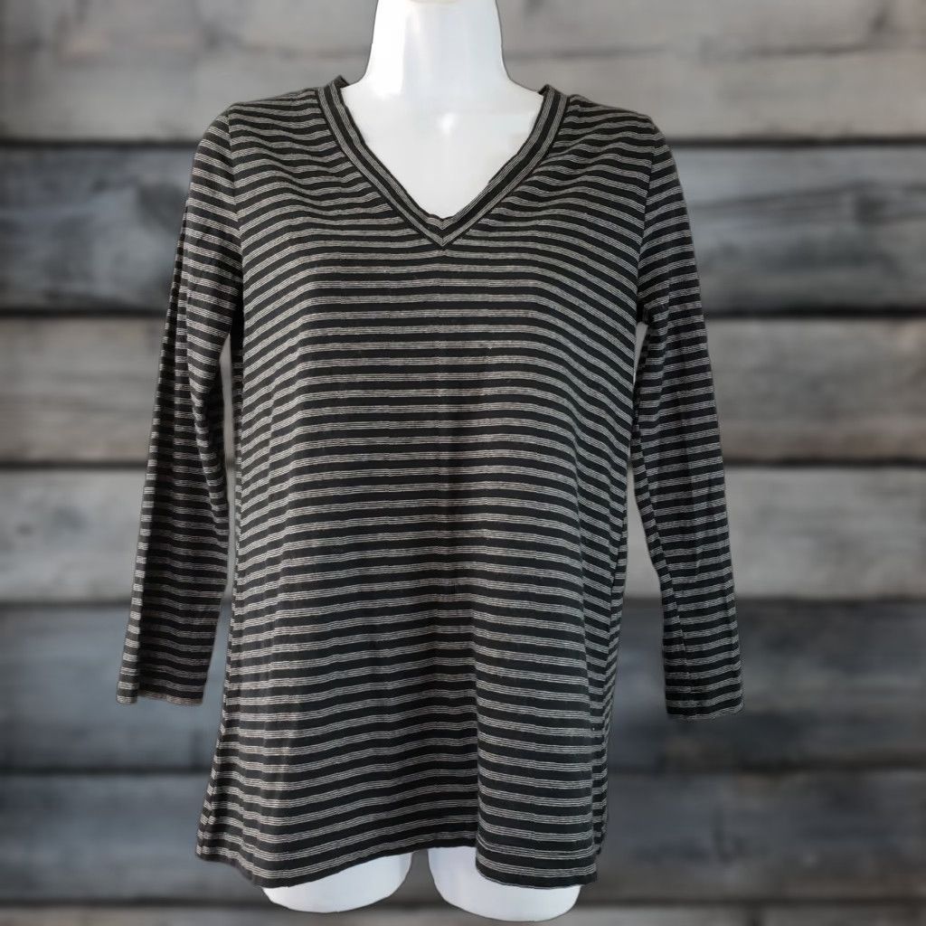 Loft LOFT Ann Taylor Womens Top Sz Medium Black Gray Striped Back Tie Cotton Blend T-Shirt Casual V-Neck 3/4 Sleeve Size M / US 6-8 / IT 42-44 - 1 Thumbnail