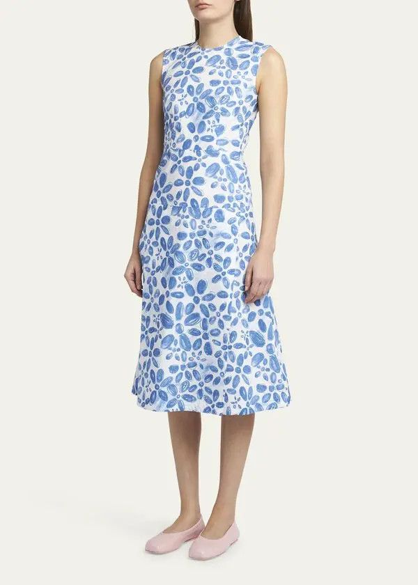 Marni o1w1db11125 Floral Print Midi Dress in Blue Size XL / US 12-14 / IT 48-50 - 7 Thumbnail