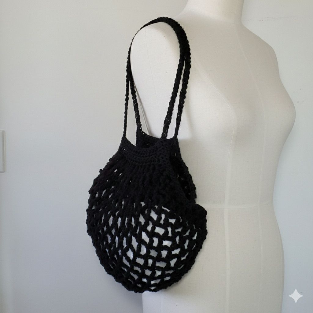 Handmade Handmade Black Net Bag Farmers Market Crochet French Sack Size ONE SIZE - 1 Thumbnail