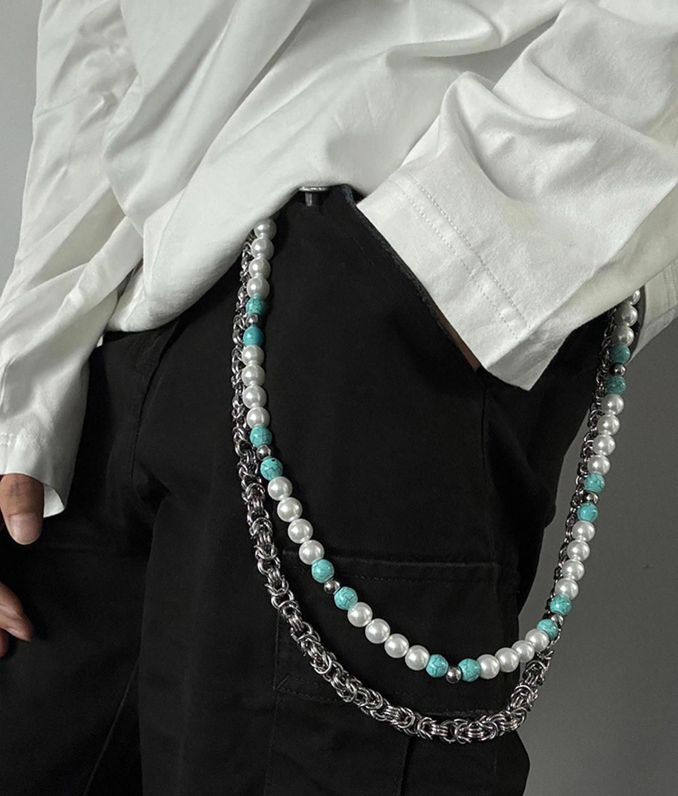 Japanese Brand Stylish Pearl and Chain Belt with Turquoise Accents Size ONE SIZE - 1 Thumbnail