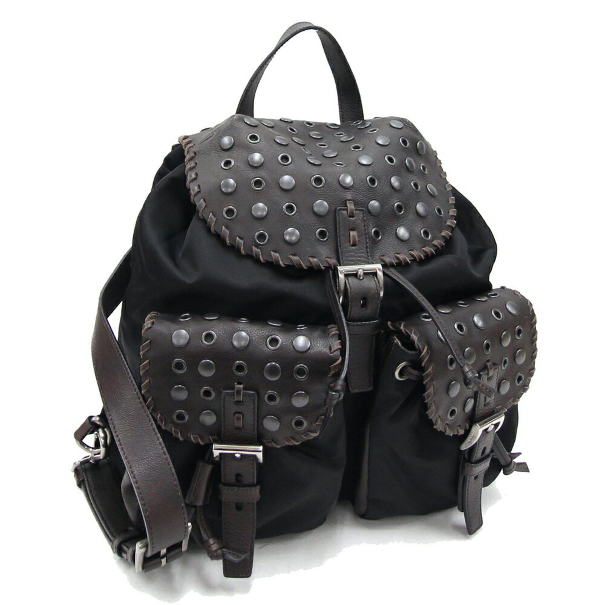 image of Prada Backpack Black Dark Brown Nylon Leather Studs Women's Prada