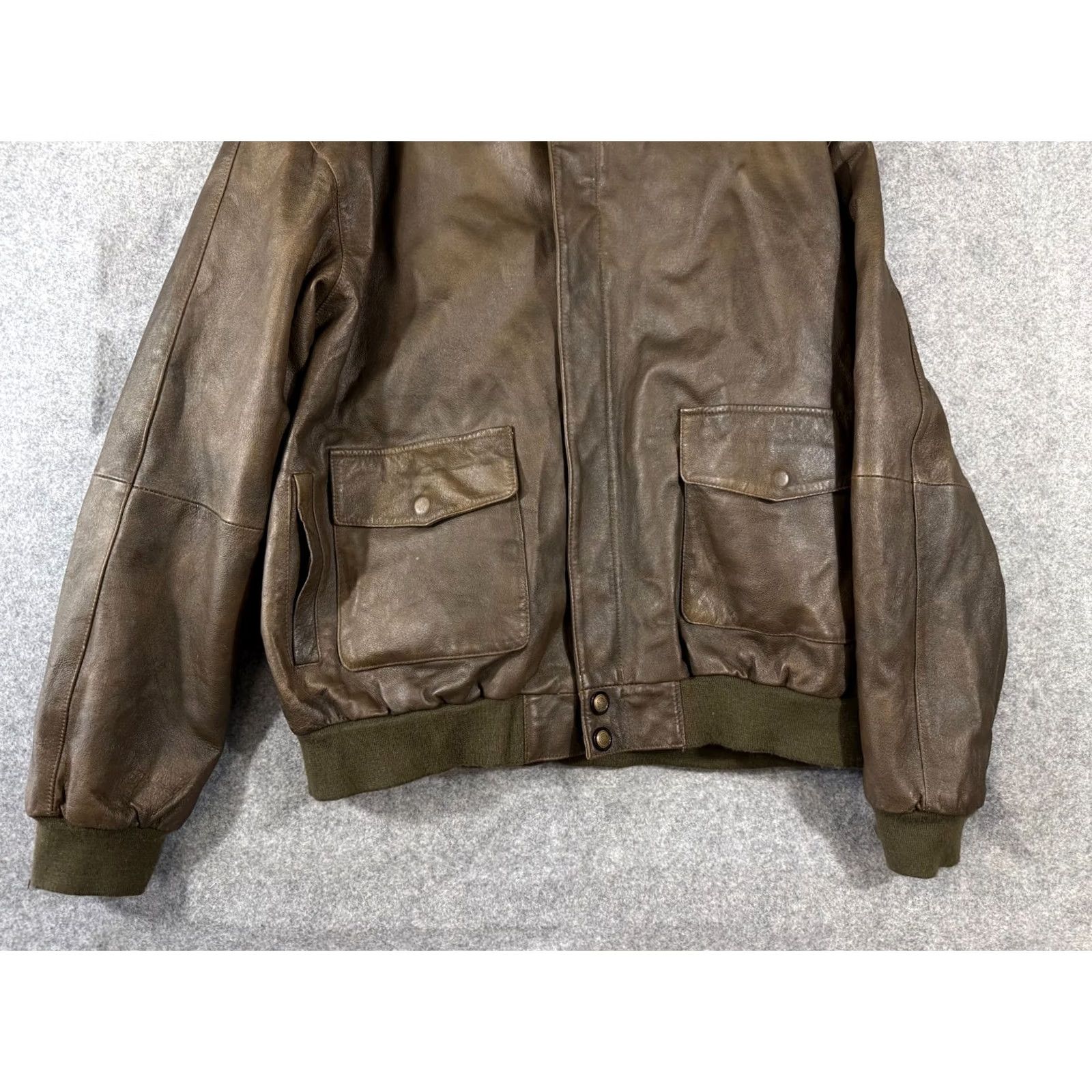 Vintage Aviator Bomber Jacket Mens XL Brown Green Genuine Leather Removable Liner Zipper Size US XL / EU 56 / 4 - 4 Thumbnail