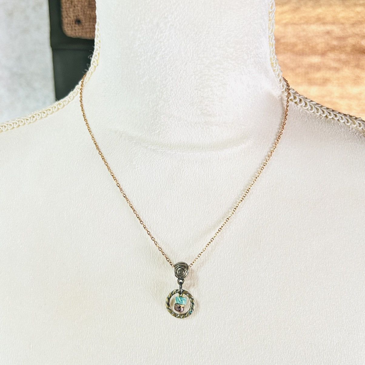 Handmade Handcrafted brass simulated turquoise pendant necklace Size ONE SIZE - 2 Thumbnail