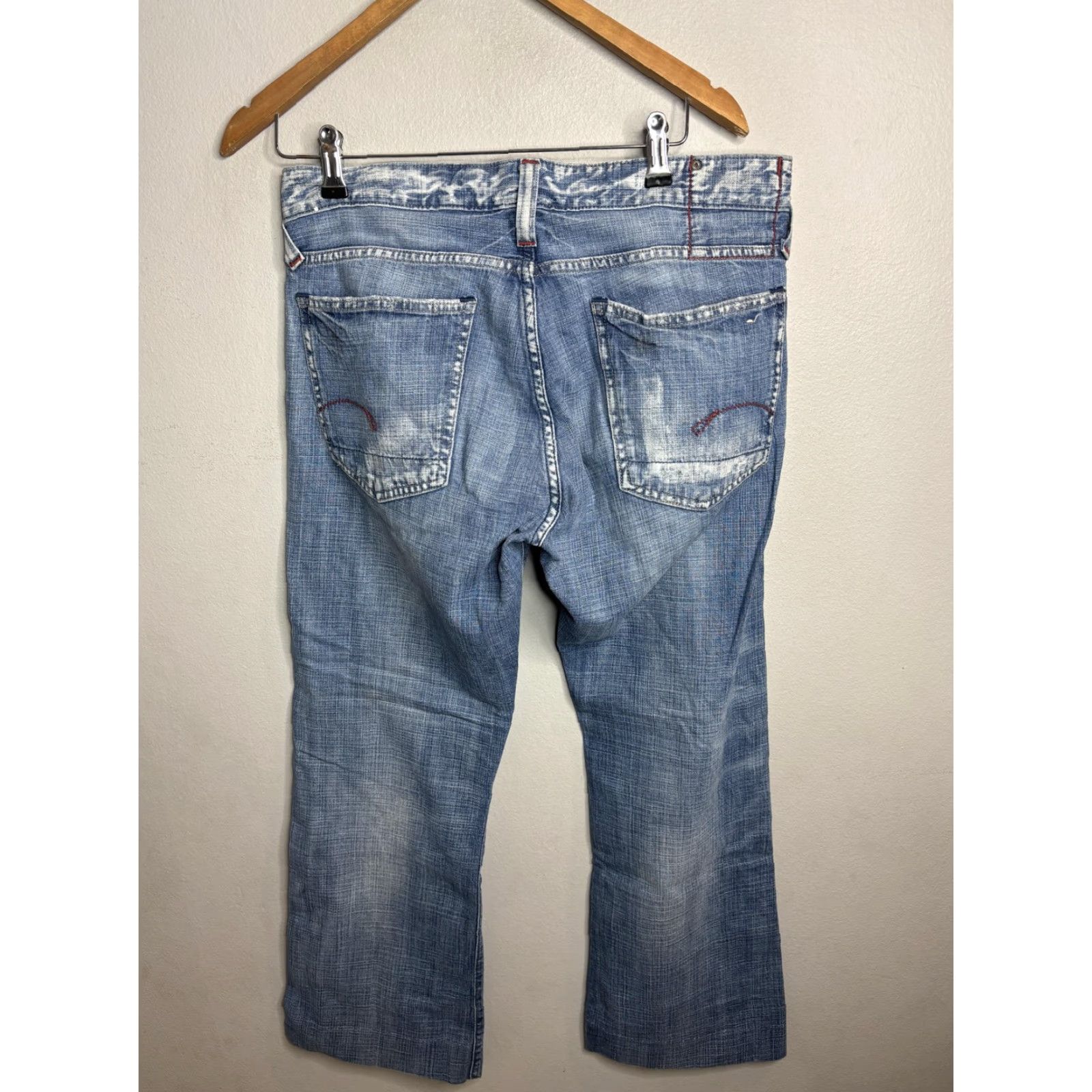 Vintage G-Star RAW Jeans Mens 33x34 Blue Distressed Straight Leg Denim Red Stitching Jeans Size US 33 - 6 Thumbnail