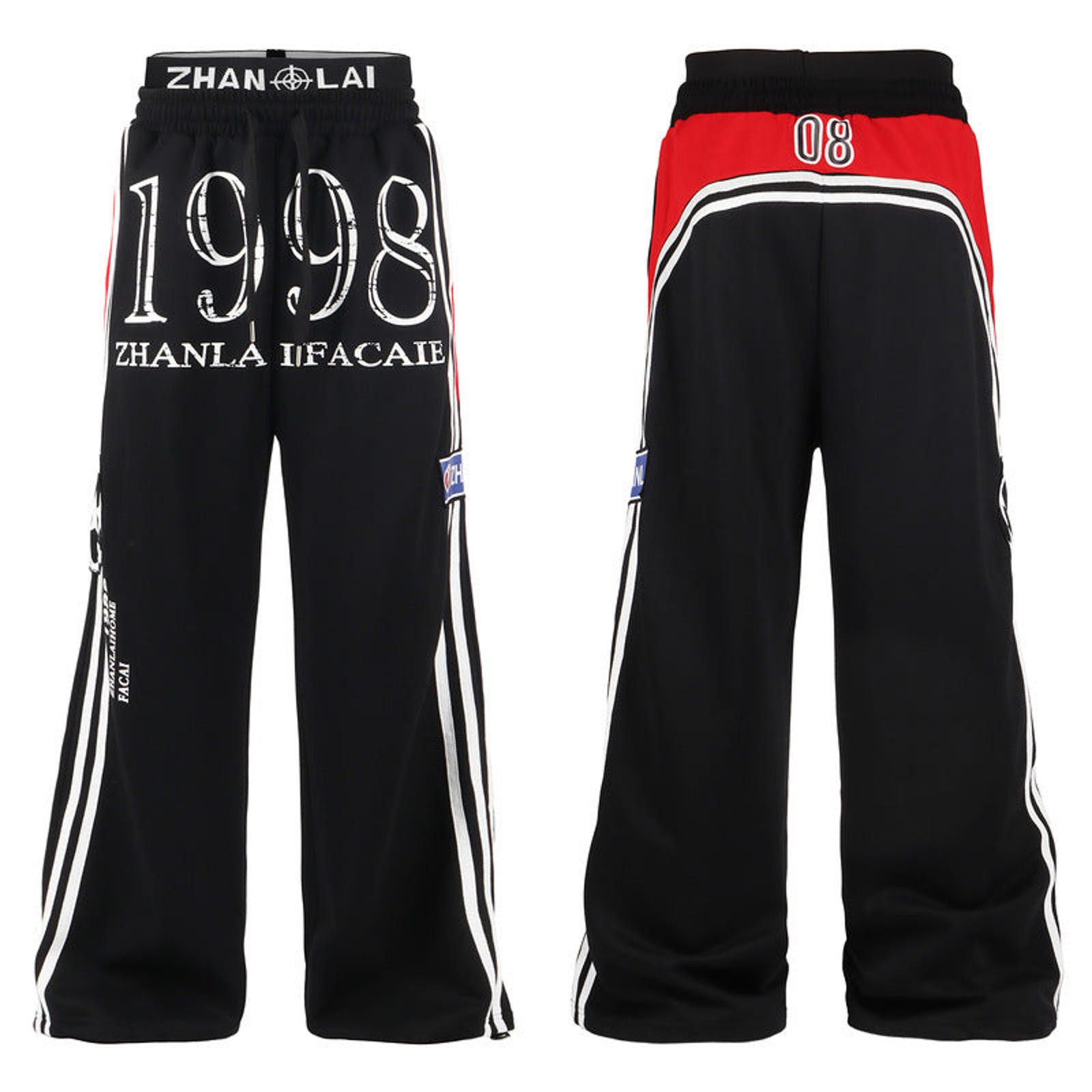 Japanese Brand Black Red Wide Leg Track Pants, Streetwear Athletic Pants Size US 28 / EU 44 - 3 Thumbnail